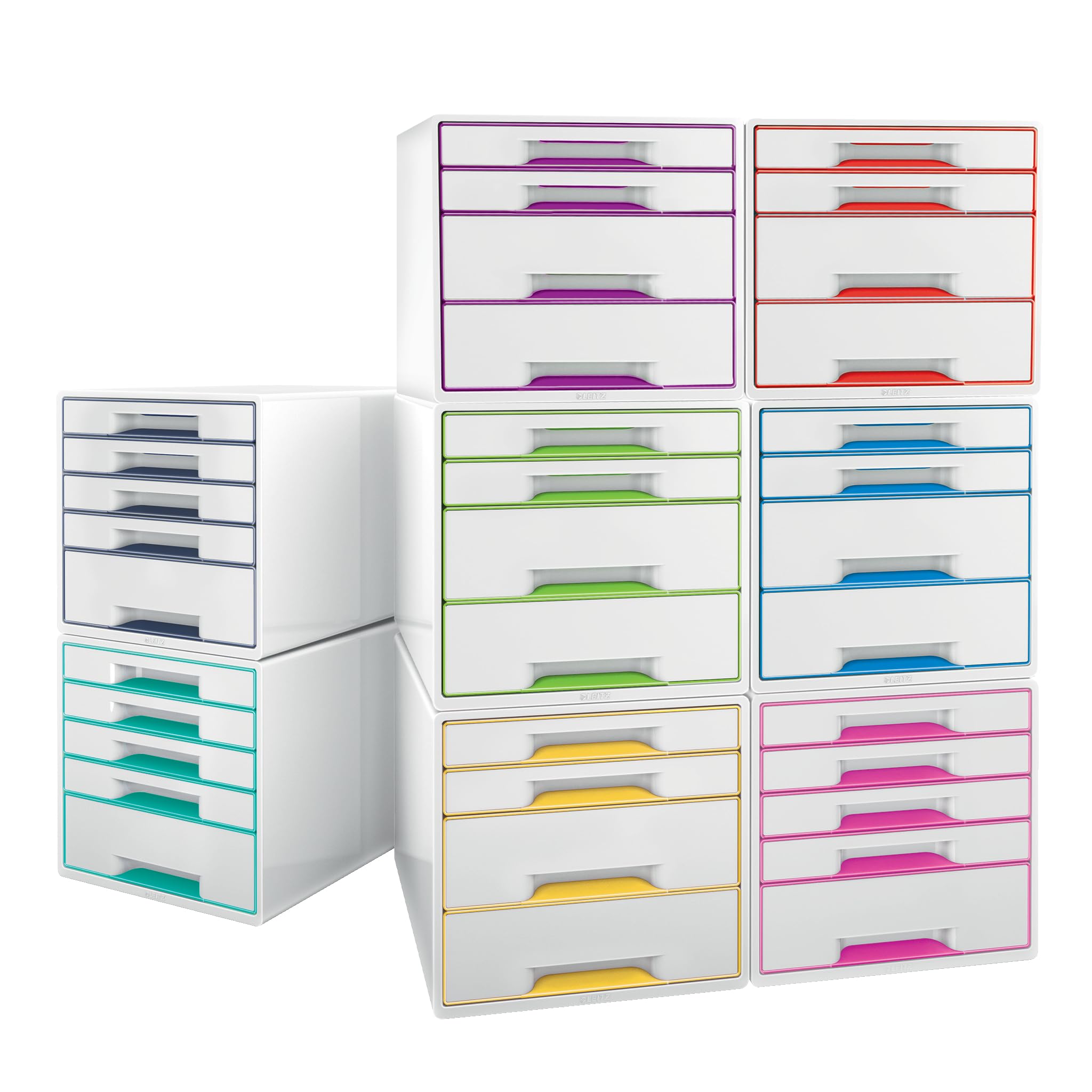 Leitz CUBE Schubladenbox mit 4 Schubladen, Weiß/Eisblau, A4, Inkl. transparentem Schubladeneinsatz, WOW, 52132036