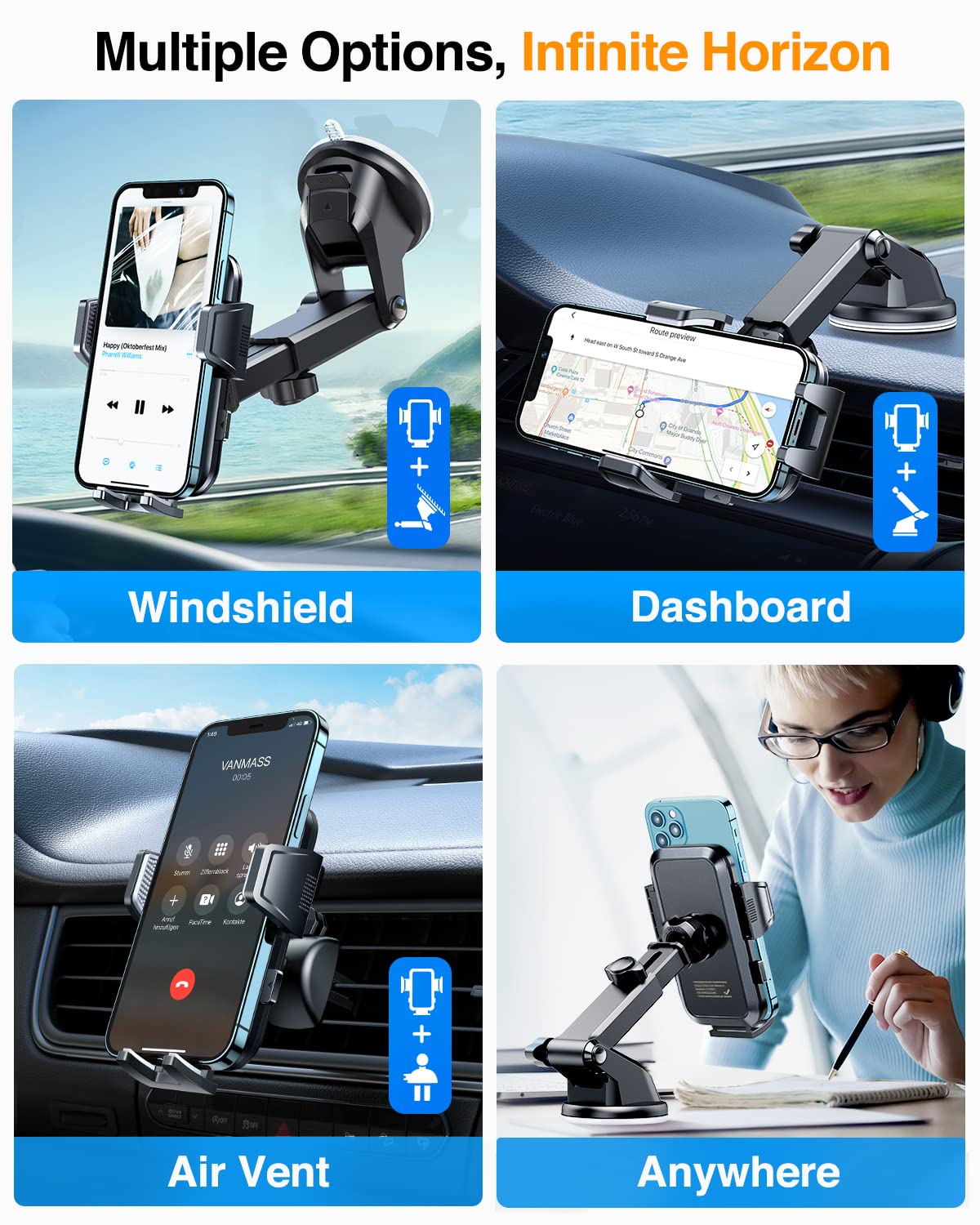 VANMASS 2025【True Militär-Klasse】 Handyhalterung Auto【Upgrade Super Saugnapf & Clip 】 4 in 1 Handy Halterung Auto Handyhalter Armaturenbrett Scheibe Lüftung Zubehör Kohlefaser Blue