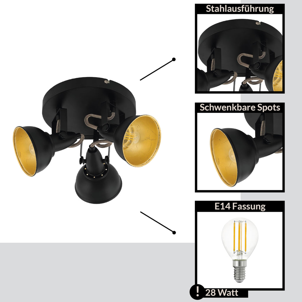 EGLO Deckenstrahler Thornton, Deckenlampe mit 3 Spots, Vintage Deckenleuchte Wohnzimmer, Retro Lampe Decke, Wohnzimmerlampe aus Metall in Schwarz Gold, E14 Fassung, Ø 21 cm