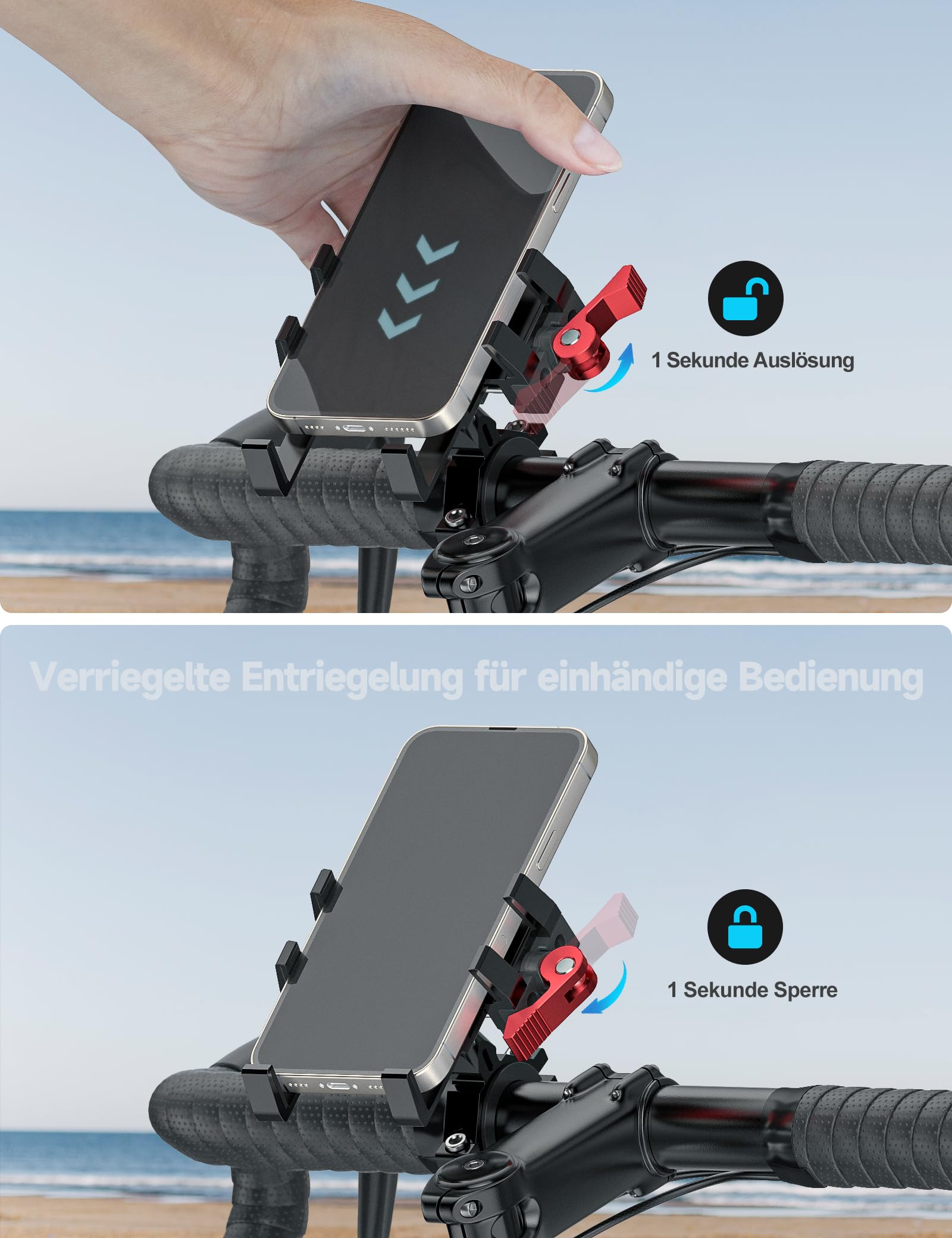 Tiakia Handyhalterung Fahrrad Aluminium Motorrad Handyhalter 6 Krallen mit 360° Drehung, Universal Handyhalter Werkzeugfreie Installation für 4,5-7 Zoll-Telefone (Aufgewertetes Schwarz Rot)