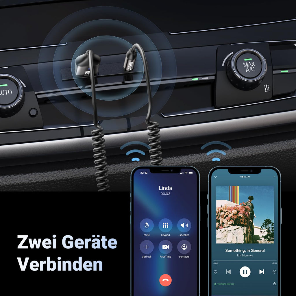UGREEN Aux Bluetooth Adapter Auto Bluetooth 6.0 Empfänger Klinke für Freisprechanruf und Wireless Musik kompatibel mit Auto mit Aux und USB Anschluss, Lautsprecher, Verstärker (Grau-Standard)