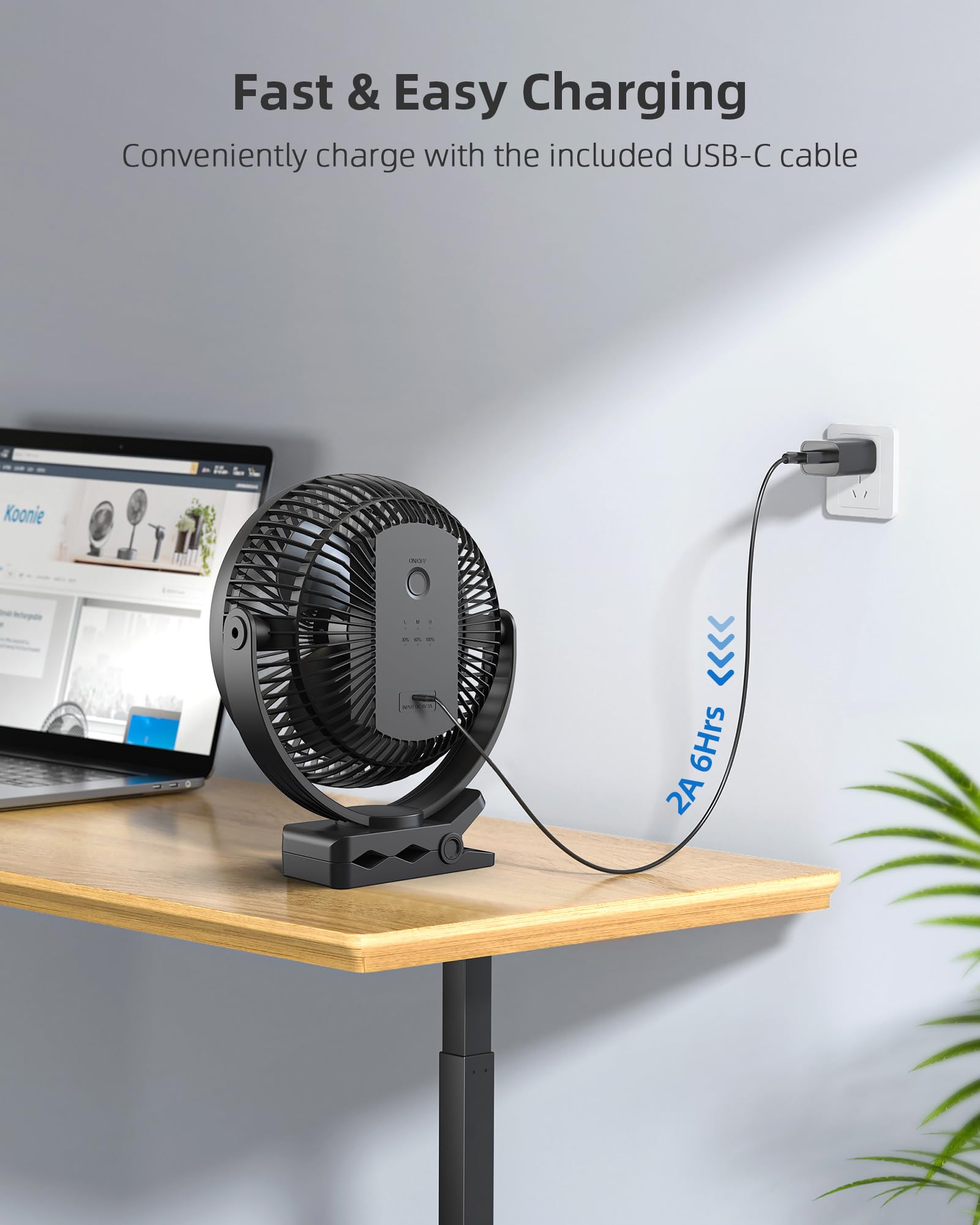 Koonie 10000 mAh Clip Ventilator, 20cm Tragbarer USB Ventilator Grow mit Akku, 4 Geschwindigkeiten & 360° Drehung, Leise Wandventilator,Tischventilator für Zuhause, Büro, Kinderwagen, Camping,Growzelt