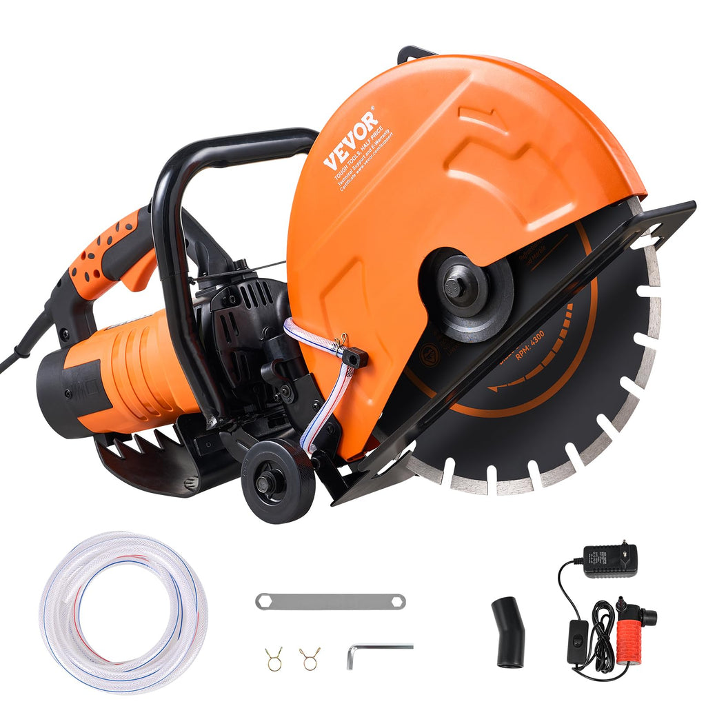VEVOR Elektrische Betonsäge, 356 mm, Hochleistungs-Kreissäge 2800 W, Schnitttiefe 127 mm, Nass-/Trocken-Scheibensäge mit Wasserrohr, Wasserpumpe, Sägeblatt, für Stein und Ziegel
