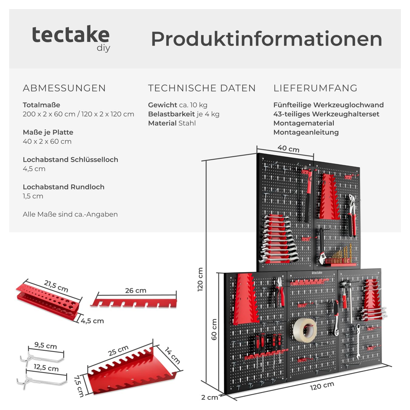 tectake® Werkzeug Lochwand aus Metall, 200 x 60 x 2 cm, Werkzeugwand Lochplatte, inkl. Werkzeughalter Set Haken und Halterungen, Wandregal Regalsystem für Werkbank, Garage, Werkstatteinrichtung - 5tlg