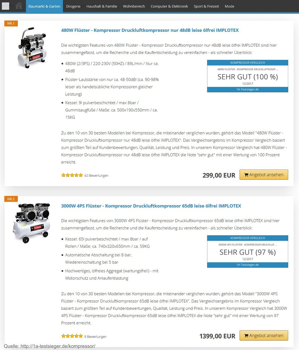 IMPLOTEX 480W Silent Flüsterkompressor Druckluftkompressor 48dB leise ölfrei Kompressor inkl. Ausblaspistole und Druckluftschlauch