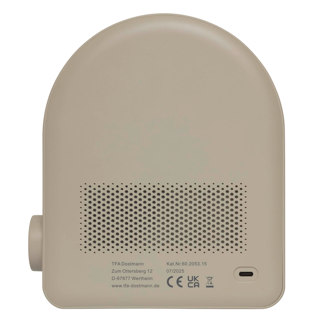 TFA Dostmann Lichtwecker Digital mit Mondlampe, Nachtlicht, Nachttischlampe, White-Noise, Naturgeräusche, Einschlafhilfe, 2 Alarme, 60.2053, Hellgrau, Beige