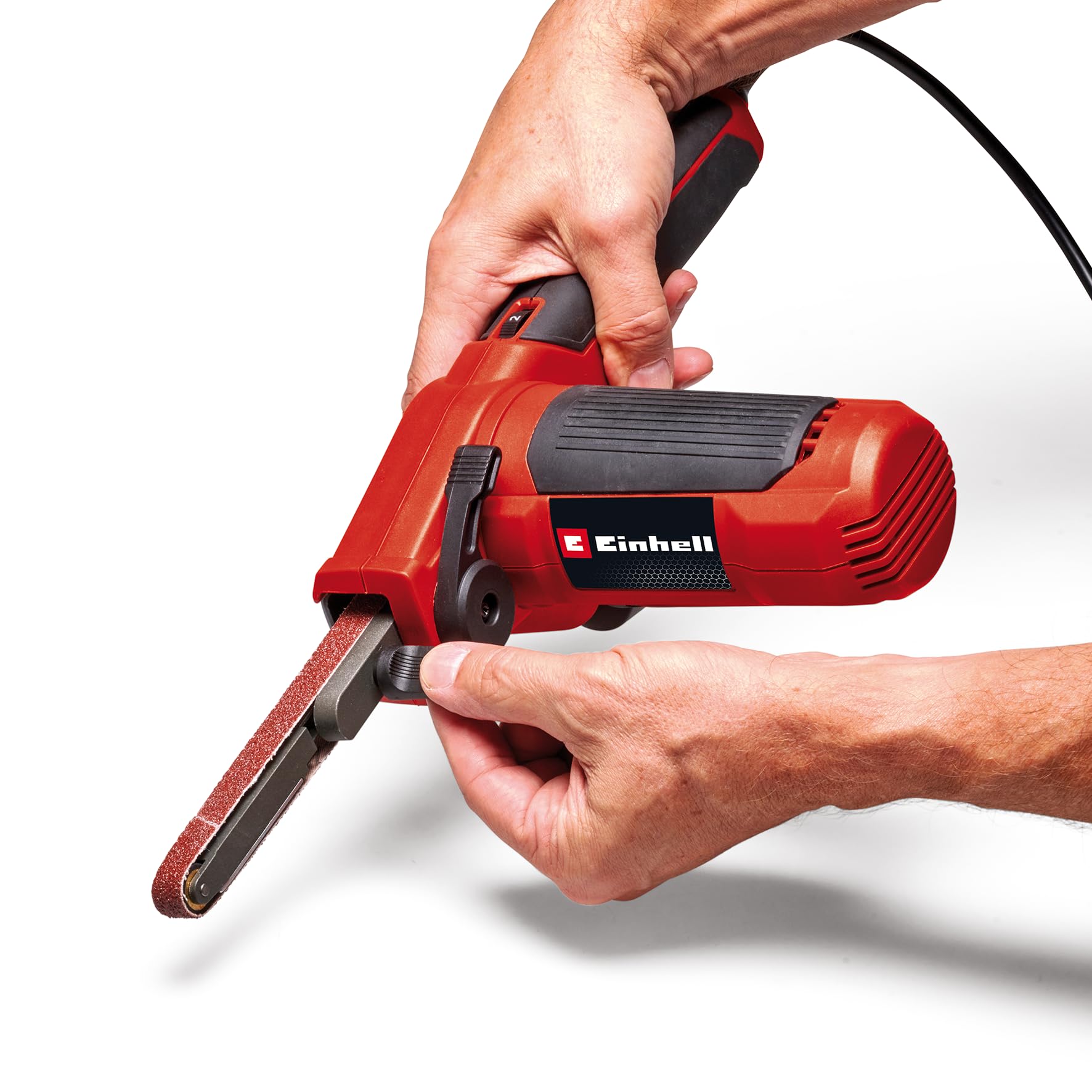 Einhell Bandfeile TC-BF 500 E (500 Watt, Geschwindigkeit bis 1.700 m/min, Dauerlaufarretierung, integrierte Staubabsaugung, Drehzahlelektronik, inkl. 6x Schleifbänder)