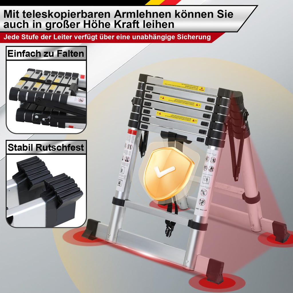 Lospitch 2M+2.3M Teleskopleiter Klappleiter, Rutschfester Aluleiter Mehrzweckleiter Ausziehbare Leiter, A-Rahmen 6+7 Sprossen Aluminiumleiter, 150 kg Tragfähigkeit