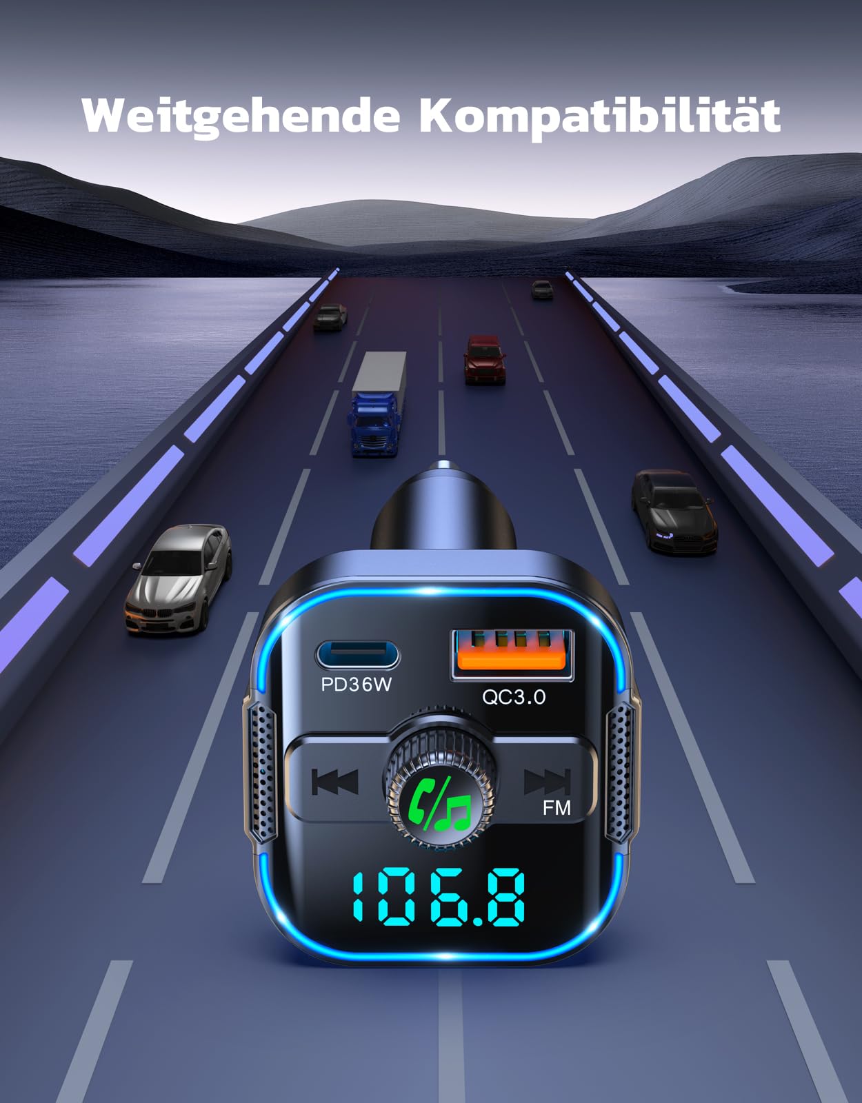 Glangeh FM Transmitter Auto Bluetooth Schnelles Autoladegerät 54W (PD 36W & QC3.0 18W) - Dual Mikrofon Bluetooth Adapter Auto Zigarettenanzünder, unterstützt Siri-Assistent & Freisprecheinrichtung