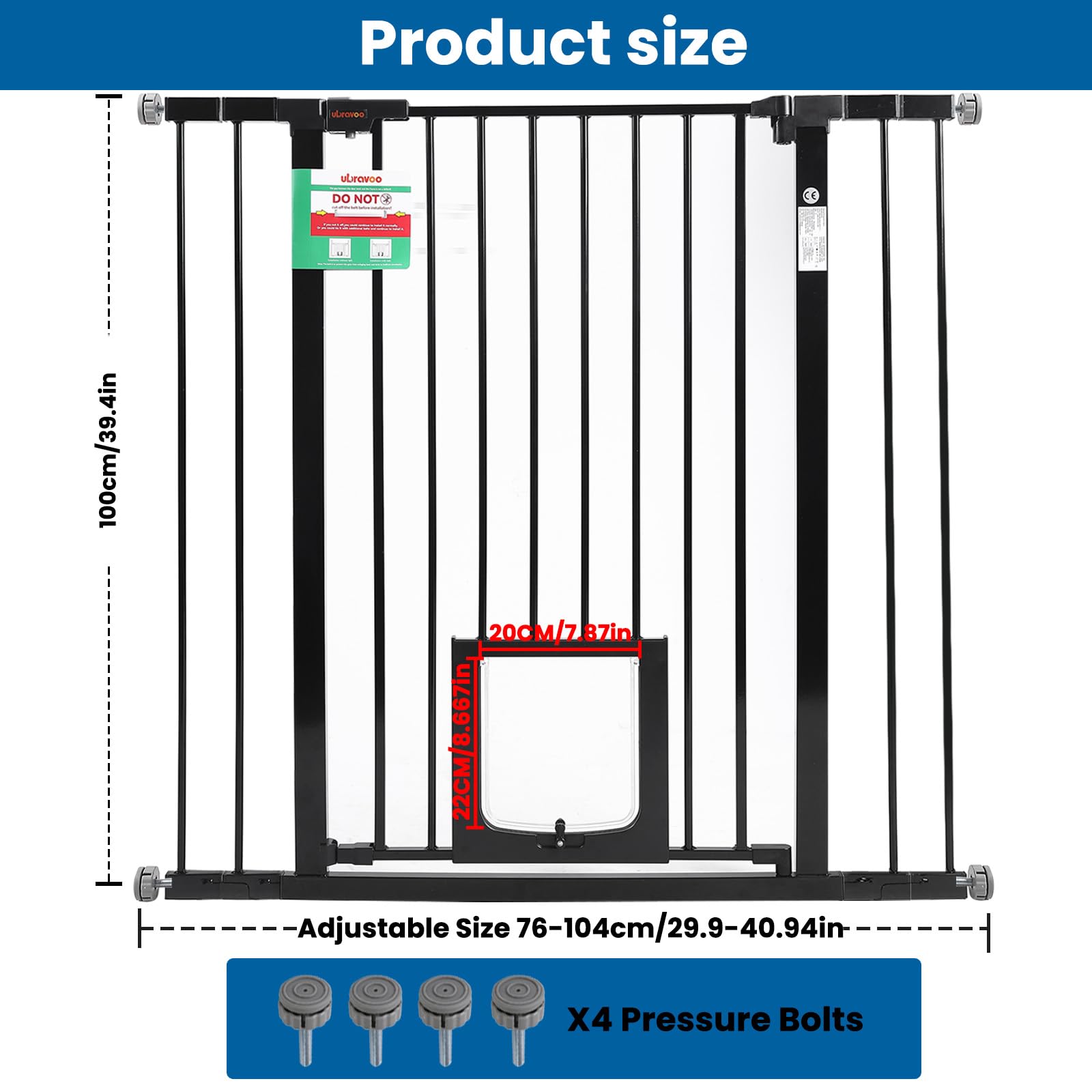 UBRAVOO Babygitter für Türen und Treppen,Druckmontage, kein Bohren,automatisch schließendes Metalltür-Sicherheitsgitter für Kinder&Haustiere, Mit Wandschutz und Verlängerungen (Schwarz-D, 76-104cm)