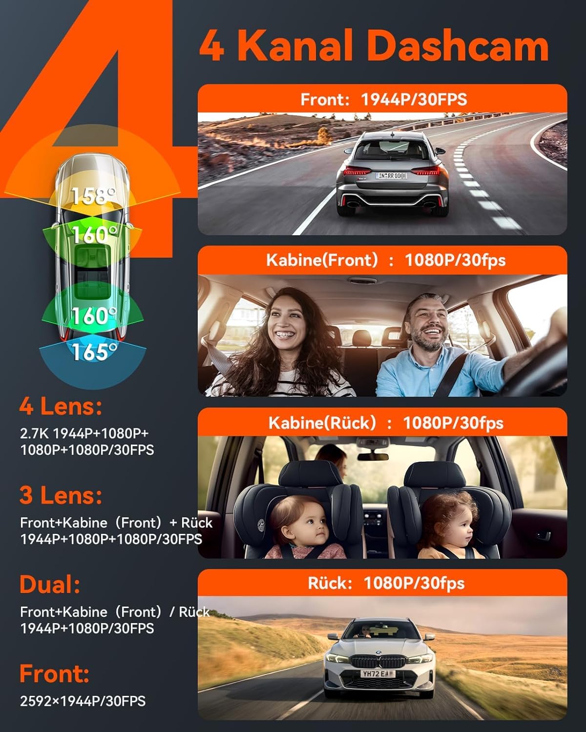 VANTRUE N5 4 Kanal 2.7K STARVIS 2 Dashcam Auto 1944P+ 3 Lens 1080P Dash Cam Vorne Innen Hinten, 5.8GHz WiFi, IMX675 HDR Nachtsicht Dash Camera Auto 24H Parkmodus, Sprachbefehle, Max 1TB