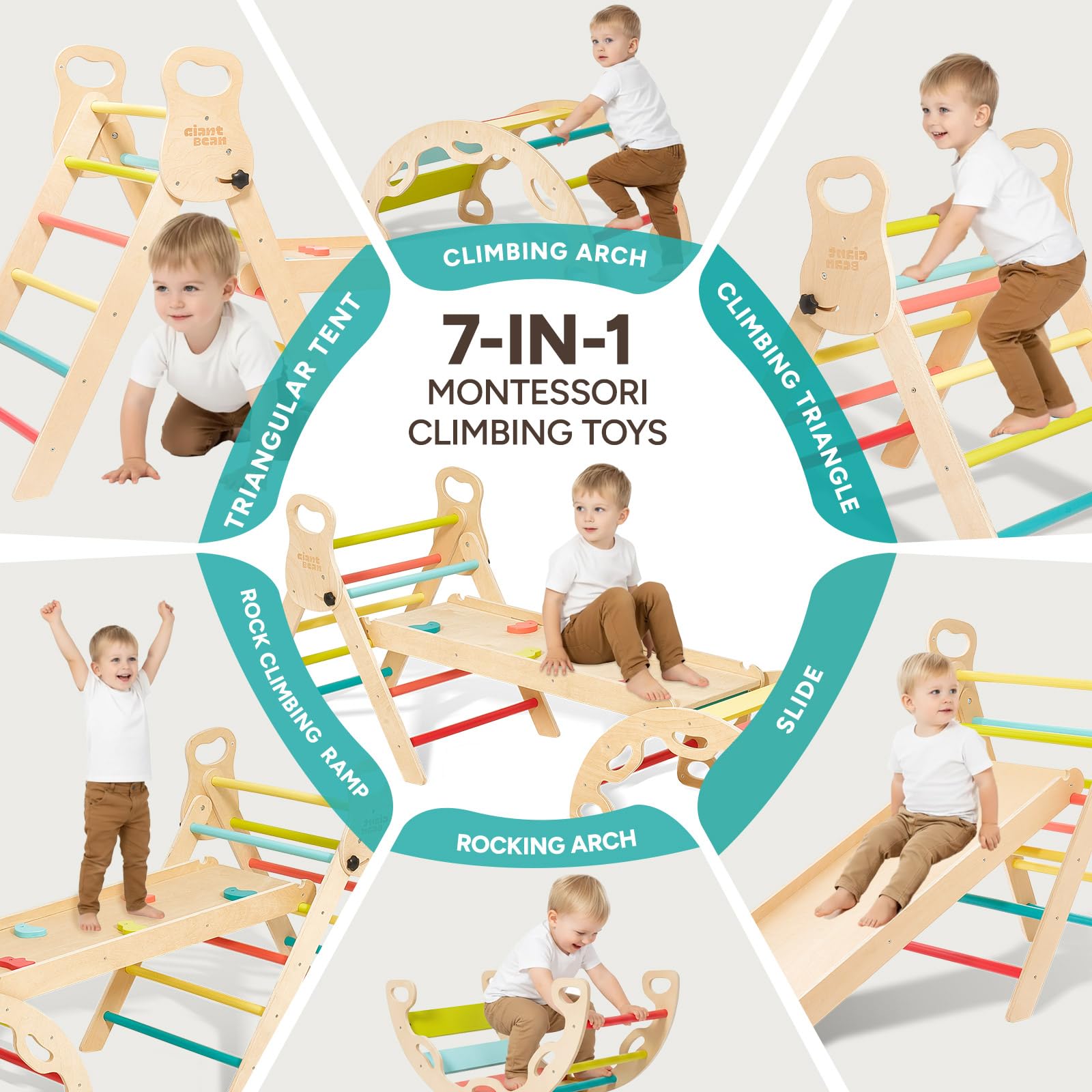 Giant bean 5-in-1 Montessori Kletterdreieck mit Kletterbogen und Rutsche, Holzdreieck für Kleinkinder ab 2-5, Indoor Kletterspielzeug, Regenbogen mit Griff (M)