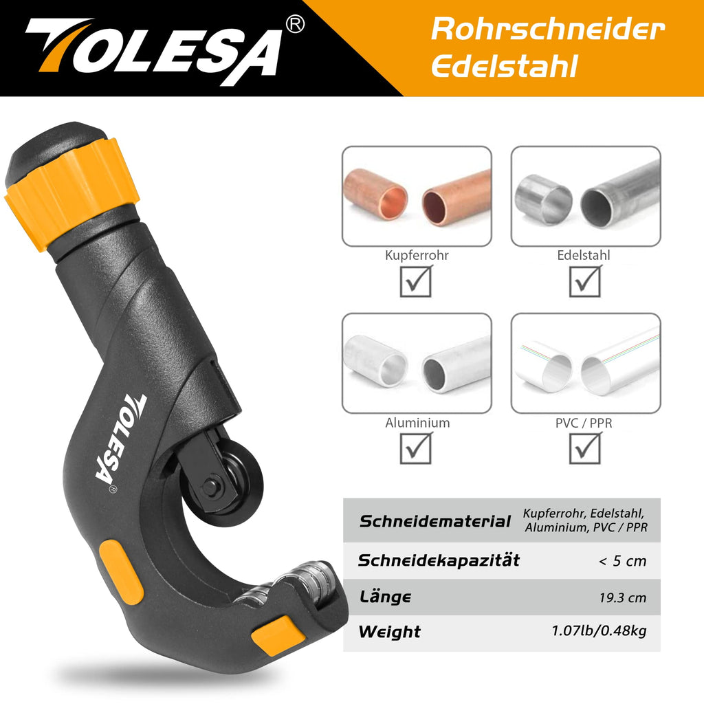 TOLESA Rohrschneider 5-50mm, Rohrabschneider mit Entgrater, Rohrschneider für Kunststoff, Dünner Edelstahl, Stahl, Kupferrohr, Aluminium, PVC Rohre Schneiden