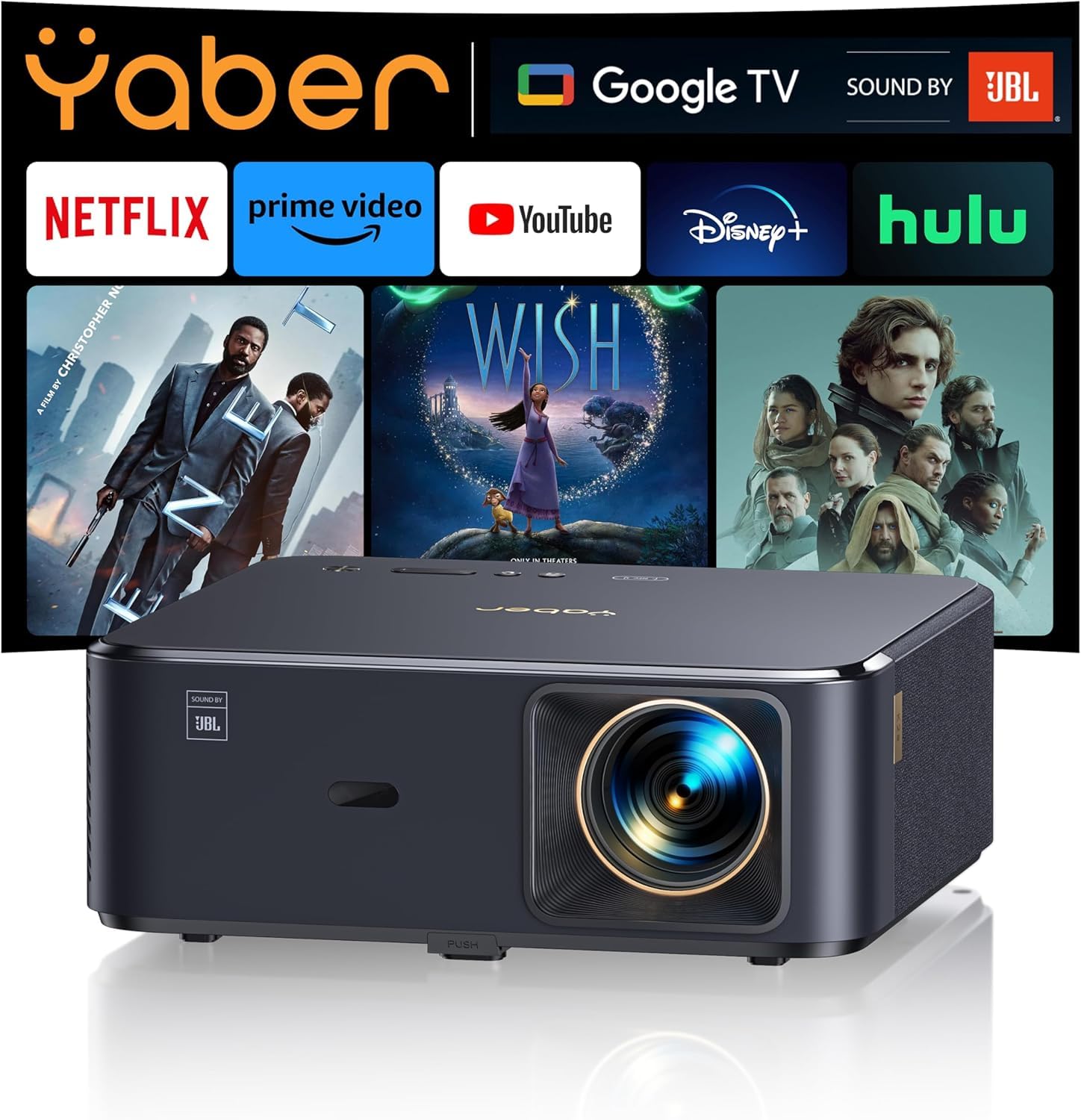 Beamer 4K mit Android TV 11.0, Sound by JBL, Dolby Audio, NFC, Autofokus, Auto Trapezkorrektur, WiFi6, Bluetooth, YABER K2s 1080P Full HD Beamer Heimkino Outdoor 300" Display Video Projektor