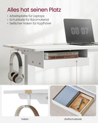 VASAGLE Höhenverstellbarer Schreibtisch elektrisch, 120 x 60 cm Tischoberfläche, Memory-Funktion mit 4 Höhen, mit Steckdosen und Stoffschubla, wolkenweiß-golichenfarben LSD112W01