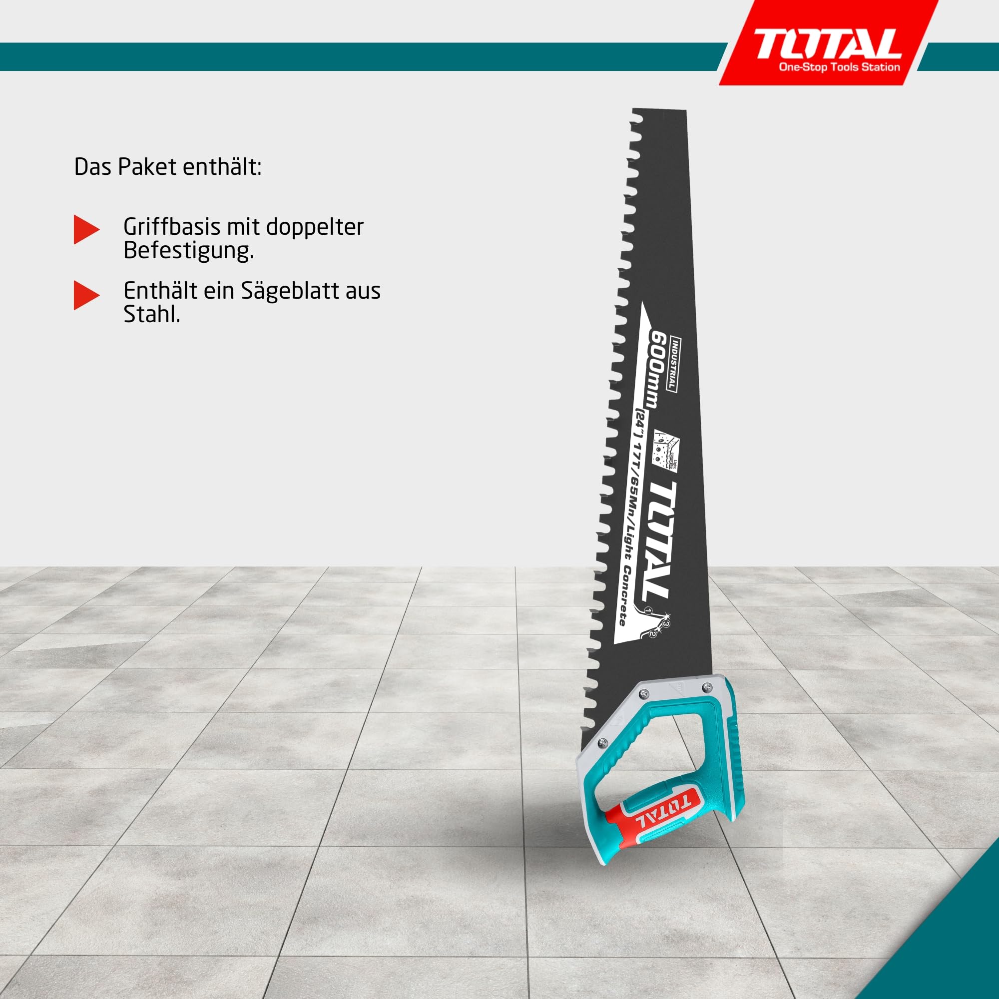 TOTAL - Zementsäge | 600mm Länge | Wolframblech | Zum Schneiden von Zement, Beton oder Ziegeln | Ideales Werkzeug für Bau- und Mauerwerksarbeiten