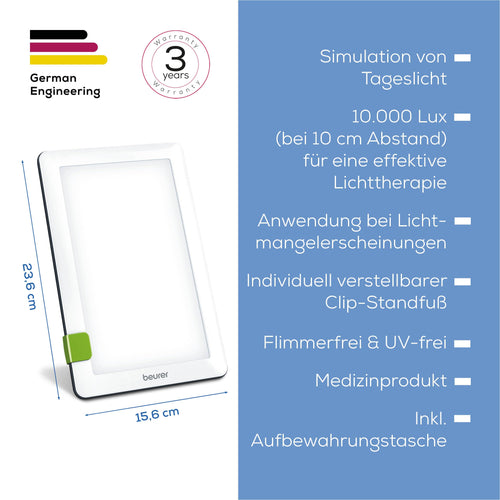 Beurer TL 30 Tageslichtlampe, Simulation von Tageslicht, bis zu 10.000 Lux, Medizinprodukt, flimmer- und UV-freie LED-Technologie, Tageslichtleuchte mit verstellbarer Halterung und Tasche