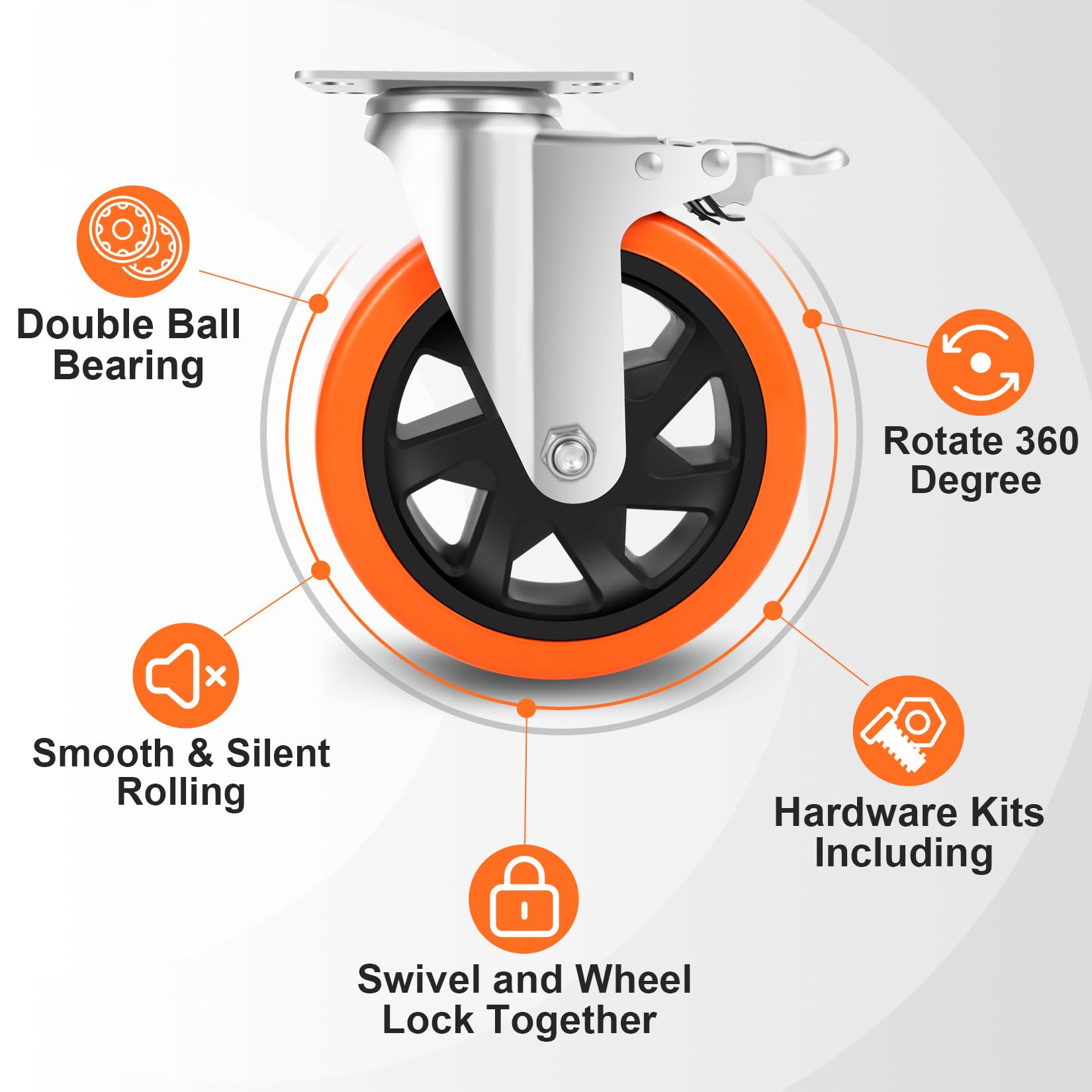 W B D WEIBIDA Schwerlastrollen 150mm, 4 Rollen mit Bremse Doppelverriegelung Tragkraft 1000KG, Langlebige, Leise und Robuste Möbelrollen, Polyurethan Rollen Groß für Werkbänke und Industrielle