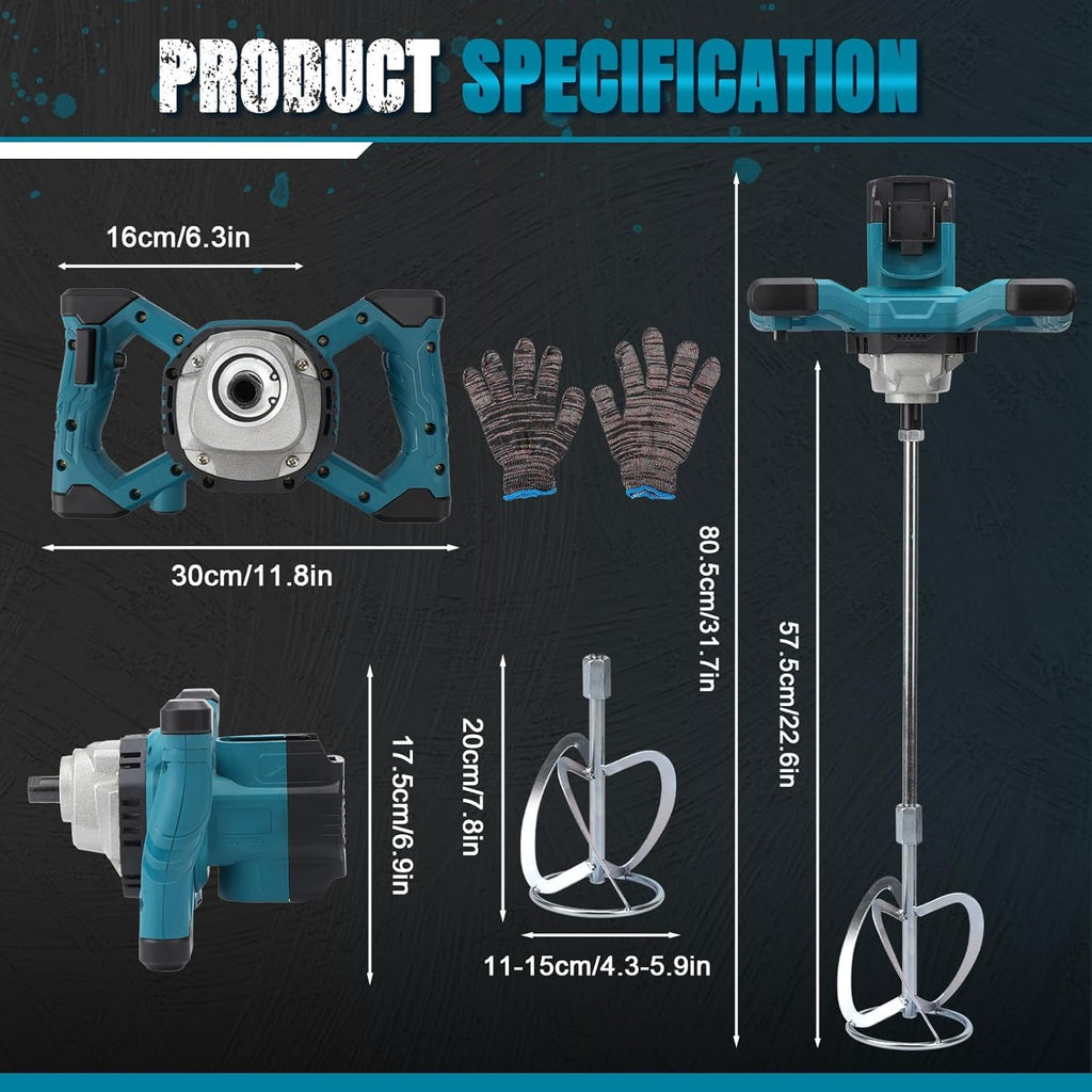 WingFly Akku Farbmörtelrührer Kompatibel mit Makita 18V Batterie, 3200W Rührwerk Mörtelrührer Zementrührer mit 6-Gang, Brushless Farb-Mörtelrührer für Zement, Beton und Farbe (ohne Akku)