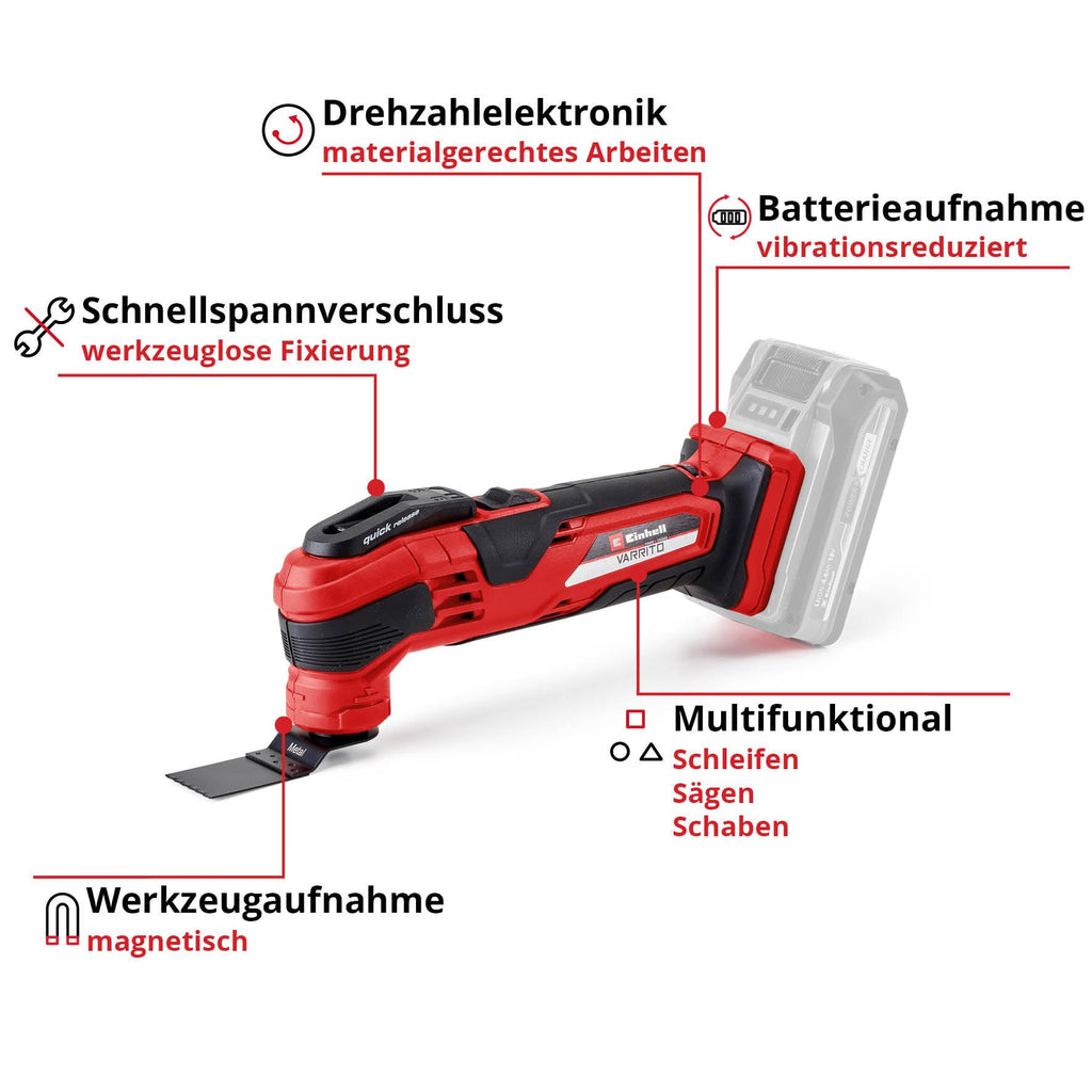 Einhell Akku Multifunktionswerkzeug Varrito Power X-Change (18 V, 22.000 Bis 40.000 Min-1, Drehzahl-Elektronik, Schnellspannverschluss, Magnetische Werkzeugaufnahme), Ohne Akku, Ladegerät und Koffer
