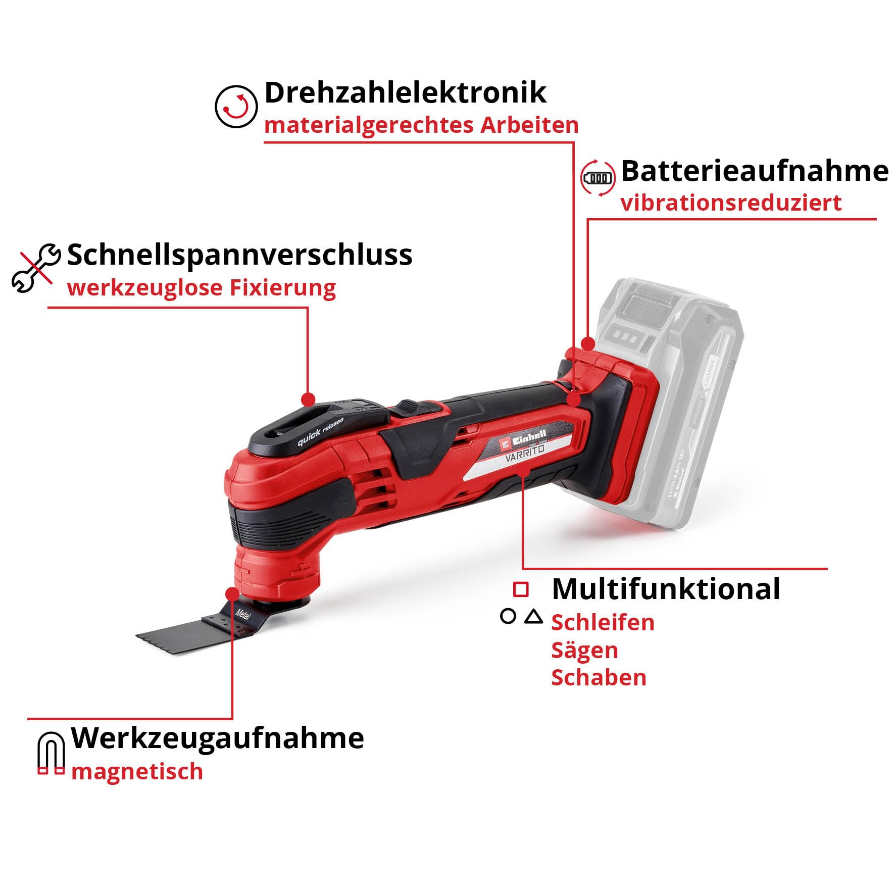 Einhell Akku Multifunktionswerkzeug Varrito Power X-Change (18 V, 22.000 Bis 40.000 Min-1, Drehzahl-Elektronik, Schnellspannverschluss, Magnetische Werkzeugaufnahme), Ohne Akku, Ladegerät und Koffer