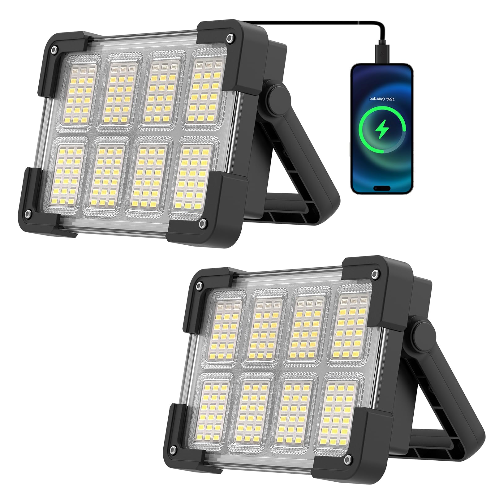 OHAYORI LED Baustrahler Akku, 4 Modi LED Strahler Akku, Campinglampe Aufladbar, Tragbare USB Wiederaufladbare PowerBank, Dimmbares Notlicht für Garten, Angeln, Camping, Wartung, Notfall (2 Stück)