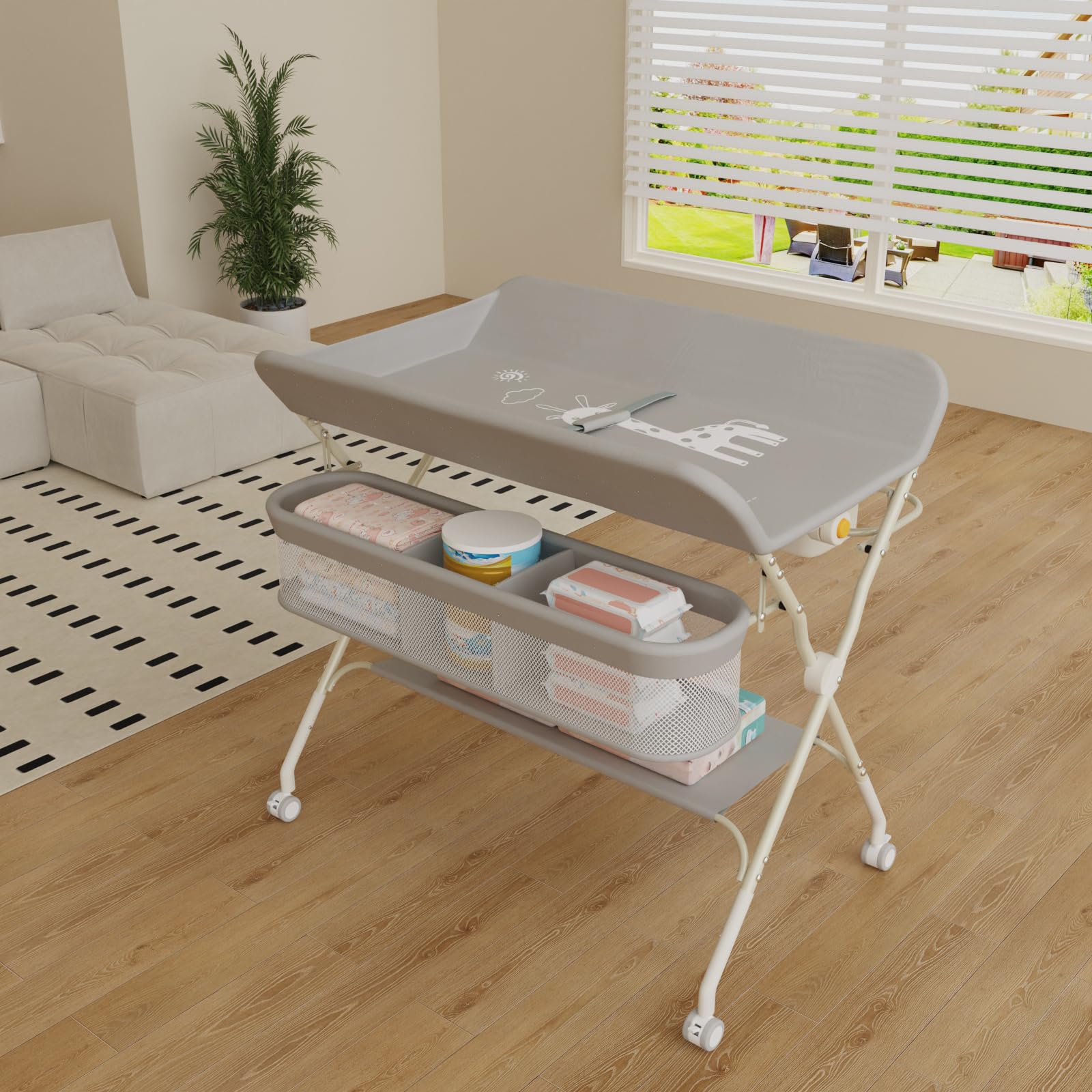 Wickelstation mit Seitenkorb, höhenverstellbarer tragbarer Wickeltisch mit feststellbaren Rädern, multifunktionaler Aufbewahrungs-Organizer fürs Kinderzimmer,75 x 68 x 83–91 cm (A) (Grau)