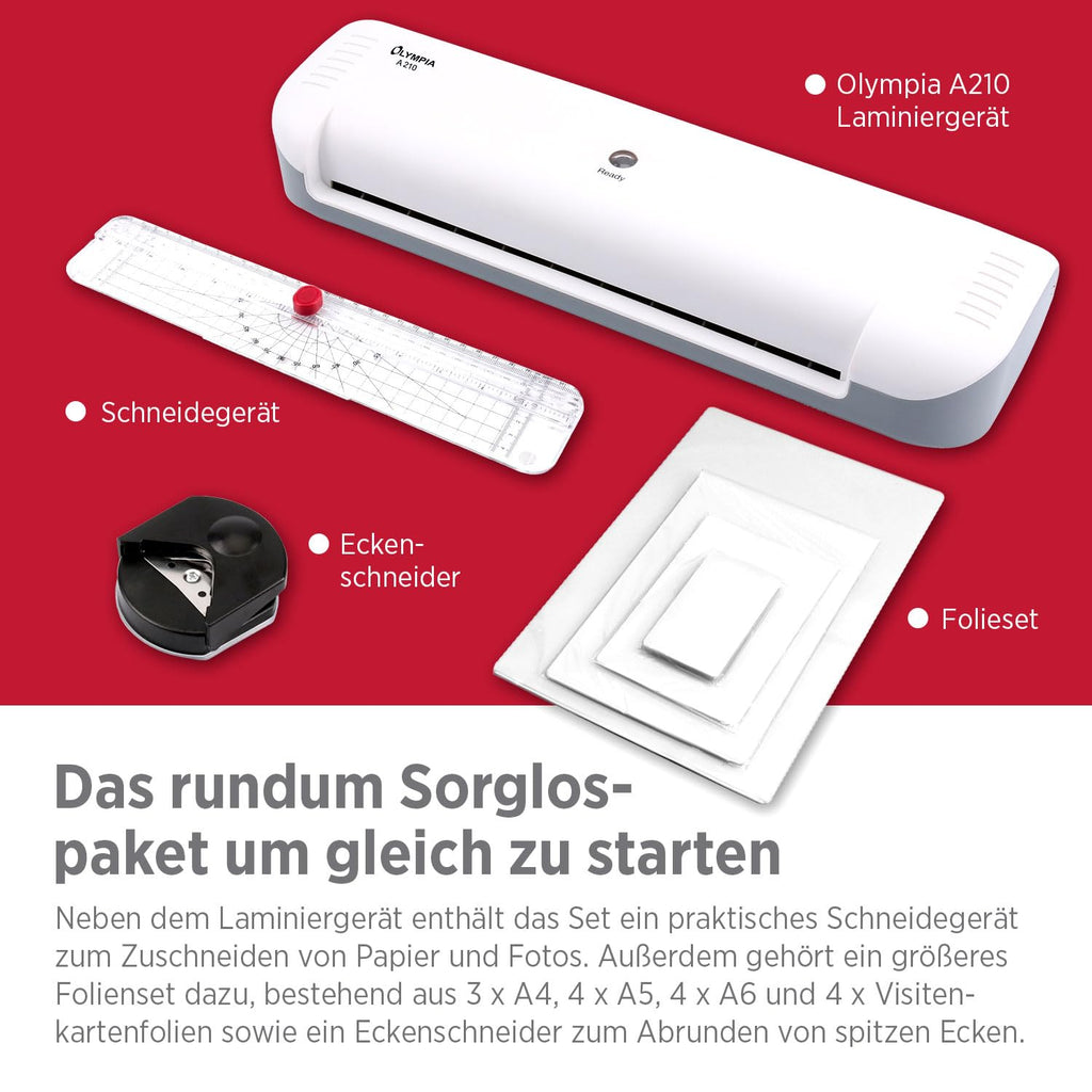 Olympia A210 4in1 Laminiergerät A4 | Laminierset A4 | Laminator | Schnelles Aufwärmen | Laminiermaschine, Papierschneider & Eckrunder | Ideal für Büro Schule & Heimgebrauch | Inkl. 15 Folien