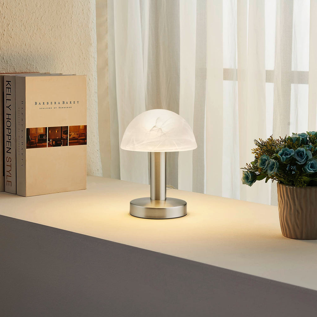 Trio Leuchten LED Tischleuchte Fynn II 599110107, Metall Nickel matt, Glas alabasterfarbig weiß, inkl. 1x E14 4.9 Watt LED, Touch-Me-Funktion (4-fach schaltbar, 3 Helligkeitsstufen), Höhe 21cm