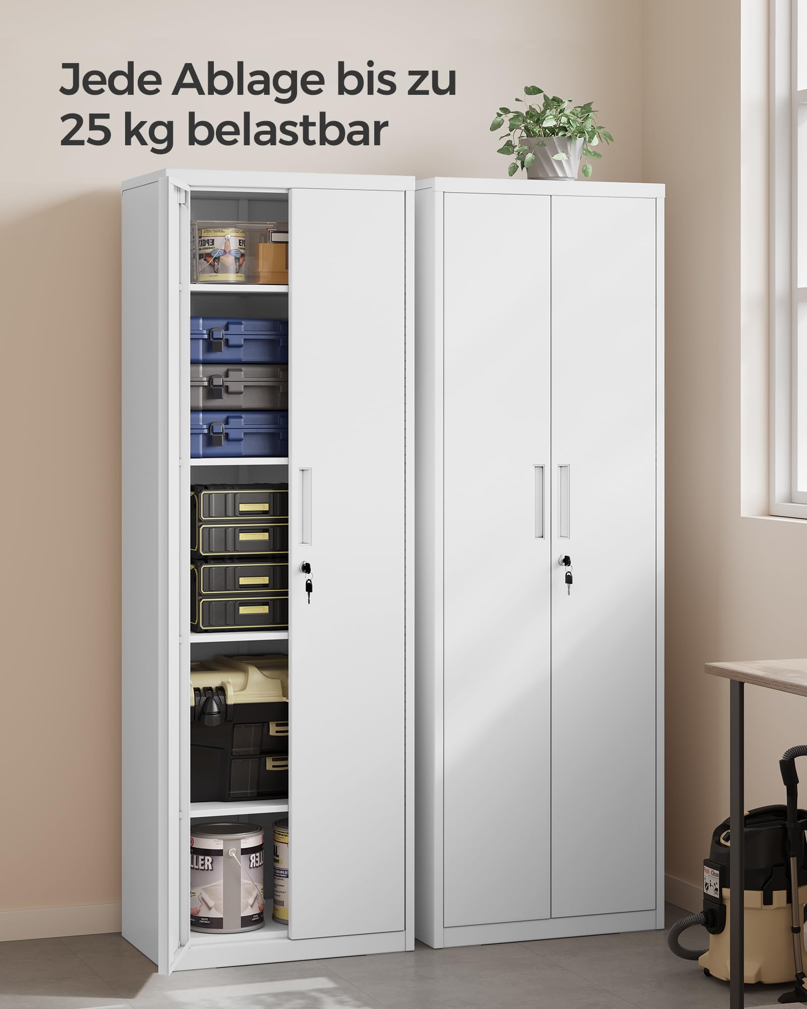 SONGMICS Aktenschrank, Mehrzweckschrank, Aufbewahrungsschrank, 5 Ebenen, 40 x 60 x 180 cm, Doppeltüren, Schloss, Werkzeug, verstellbare Ablagen, Garage, Büro, Wohnzimmer, mattweiß OMC014W01