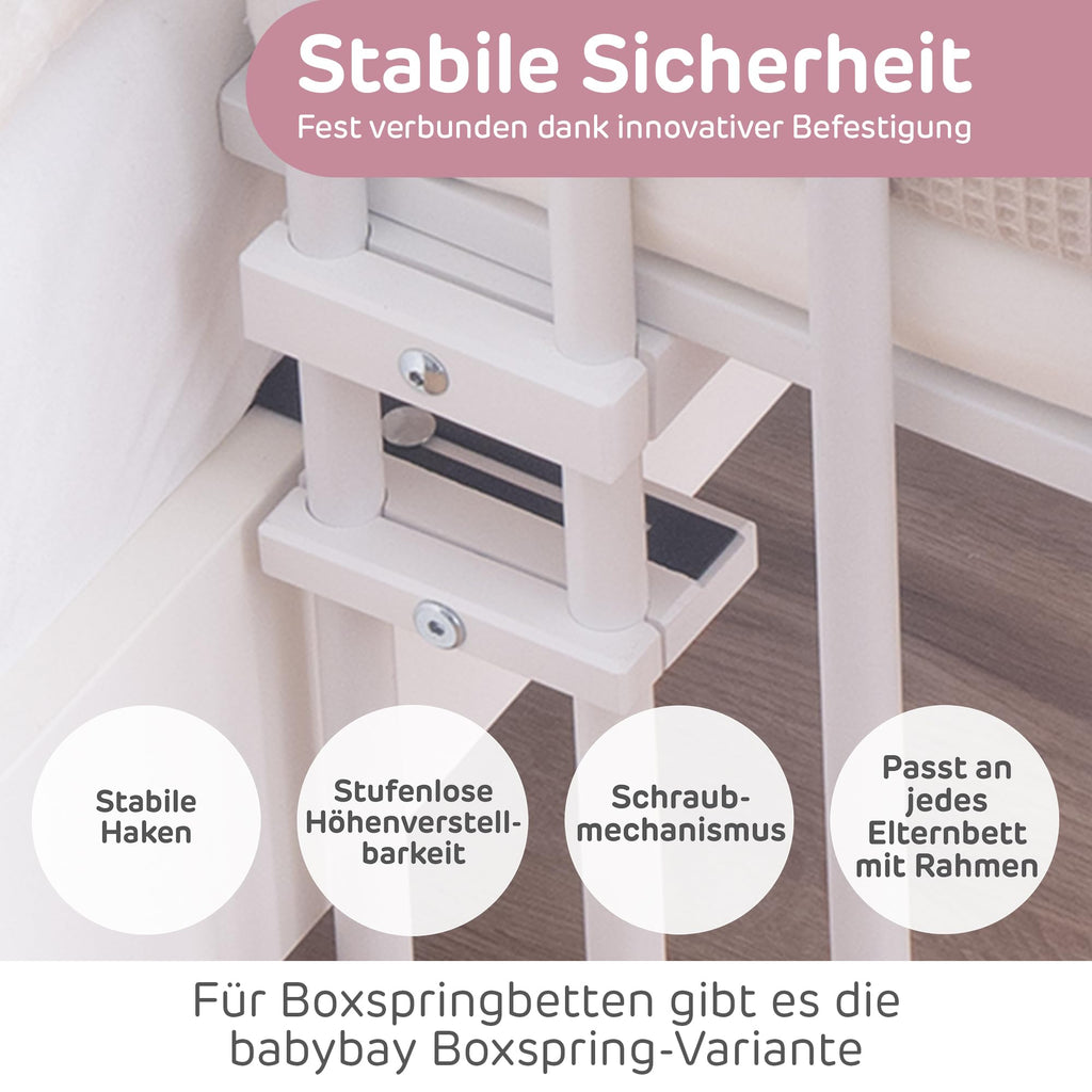 babybay Original Beistellbett aus massivem Buchenholz/kompakt & verwandelbar/Kinderbett Höhe stufenlos verstellbar/mitwachsendes Babybett (weiß lackiert) / inkl. Matratze, Gitter, Rollen