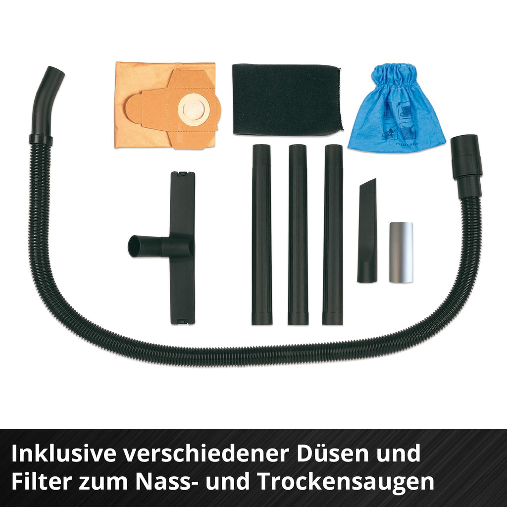 Einhell Nass-Trockensauger TC-VC 1812/1 S (1250 W, 180 mbar, 4 Lenkrollen, 12 L Behälter, inkl. Fugen- & Kombidüse, Schaumstofffilter, Schmutzfangsack & Filterbeutel)