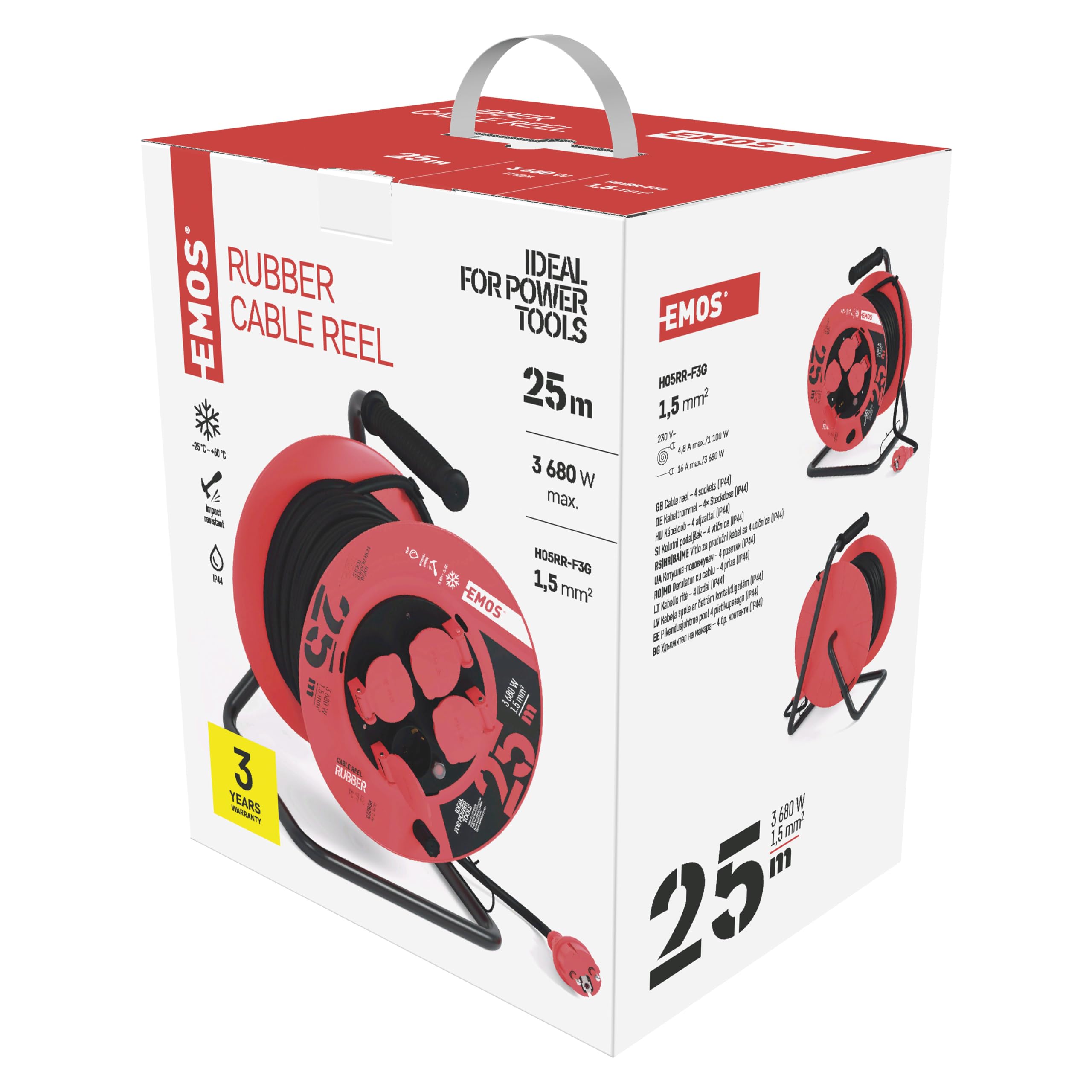 EMOS - Kabeltrommel 25m - 4 Schuko-Steckdosen - wasserdicht, schlagfest, hitze- & kältebeständig - 230V, 16A, 3680W - Gummi-Isolierung - H05RR-F3G 1,5 mm2 - IP44 für Außenbereich