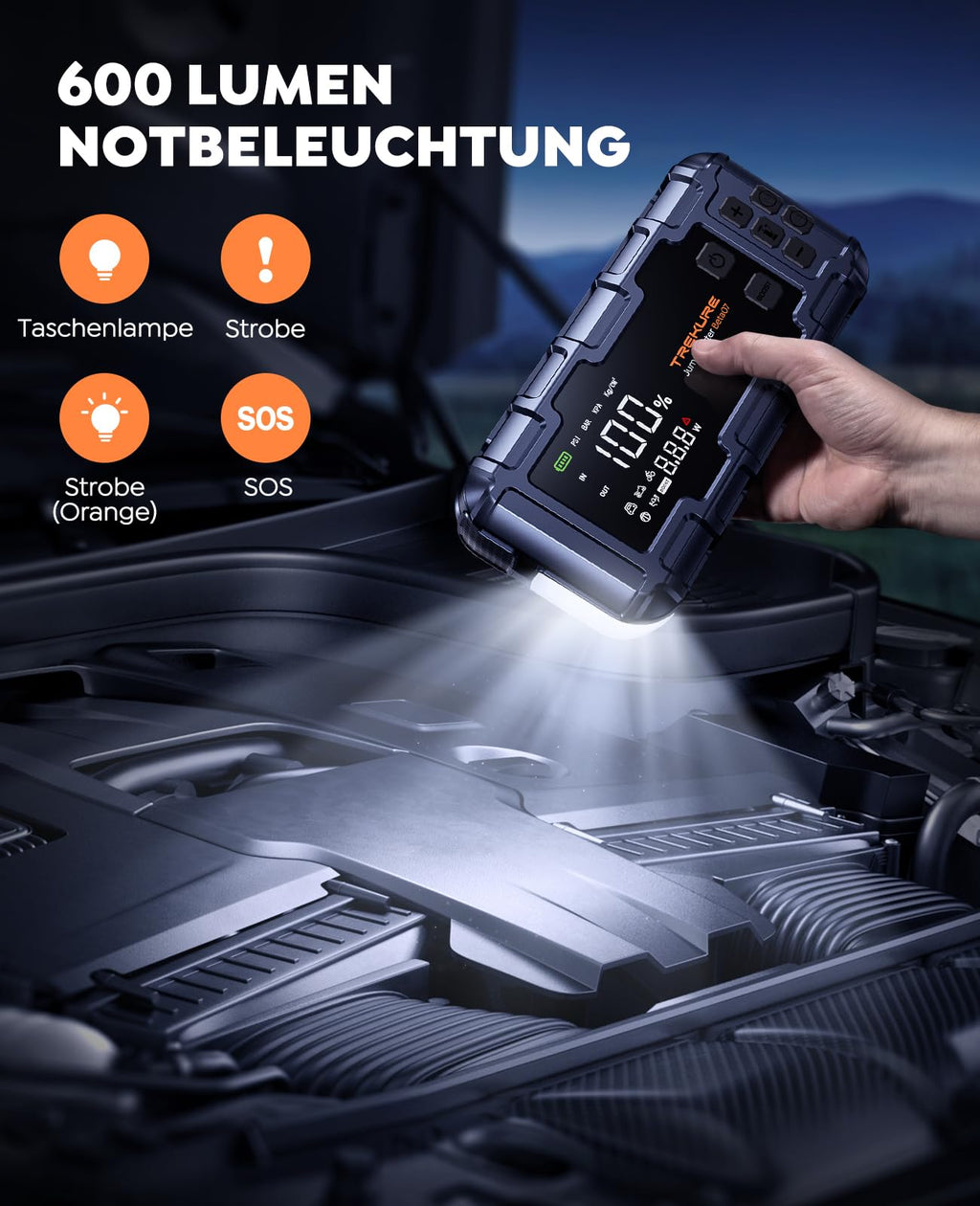 TREKURE Starthilfe Powerbank mit Luftkompressor, 160PSI 6500A Auto Starthilfe, PD 45W Eingang/Ausgang, Starthilfe(Bis zu All Benzin und 12.0L Dieselmotor) mit 600 Lumen LED und Doppelstart