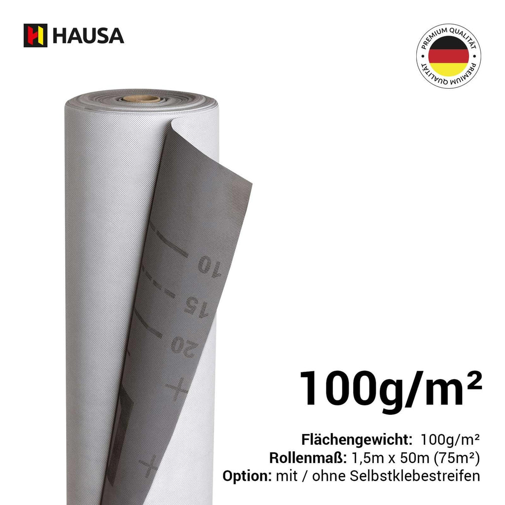 Unterspannbahn 100g/m² flexible dreilagige hochdiffusionsoffene Unterdeckbahn 1,5m x 50m (75m²) reißfest witterungsbeständig ohne Selbstklebestreifen wasserdicht Schalungsbahn HAUSA Classic HU100