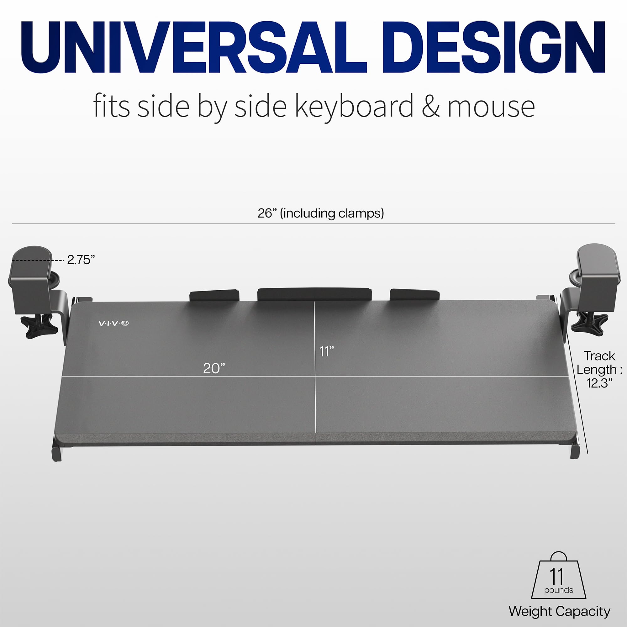VIVO Kleine Klemmhalterung für Computertastatur und Maus zum Montieren unter dem Schreibtisch, kompakt, 50 (66 inkl. Klemmen) x 27,9 cm, ausziehbare Plattformschublade, schwarz, MOUNT-KB05ES