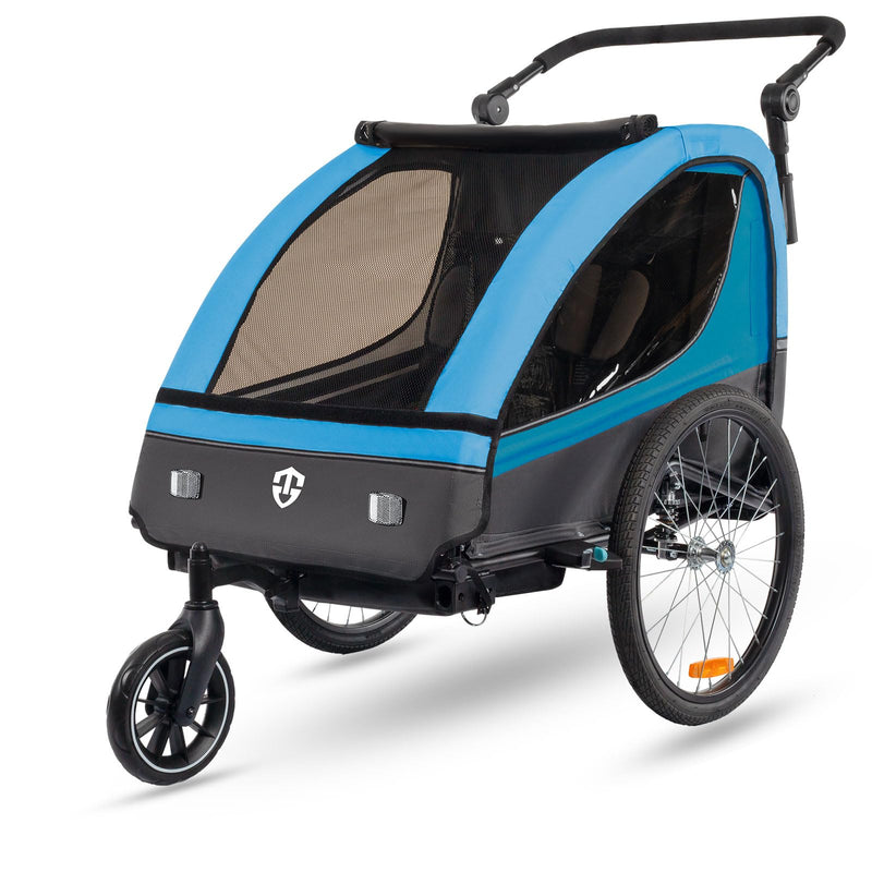 Tiggo VS Kinderanhänger 360° Drehbar mit Federung 2in1 Fahrradanhänger mit Buggy Set Jogger 5-Punkt Gurt Fahrrad Anhänger für 1 bis 2 Kinder max. 40kg (Blau)