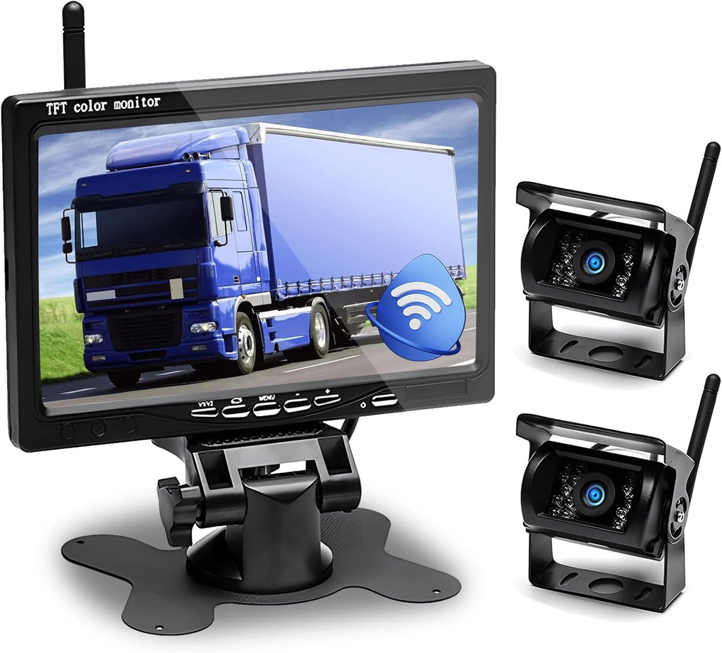 Hikity Rückfahrkamera Kabellos 7" Camper-Set mit 2 Geteilte Rück Kamera mit Nachtsicht IP67 Wasserdicht+Videoaufzeichnung für LKW, Anhänger Bus PKW Wohnmobile Vans 12V-24V