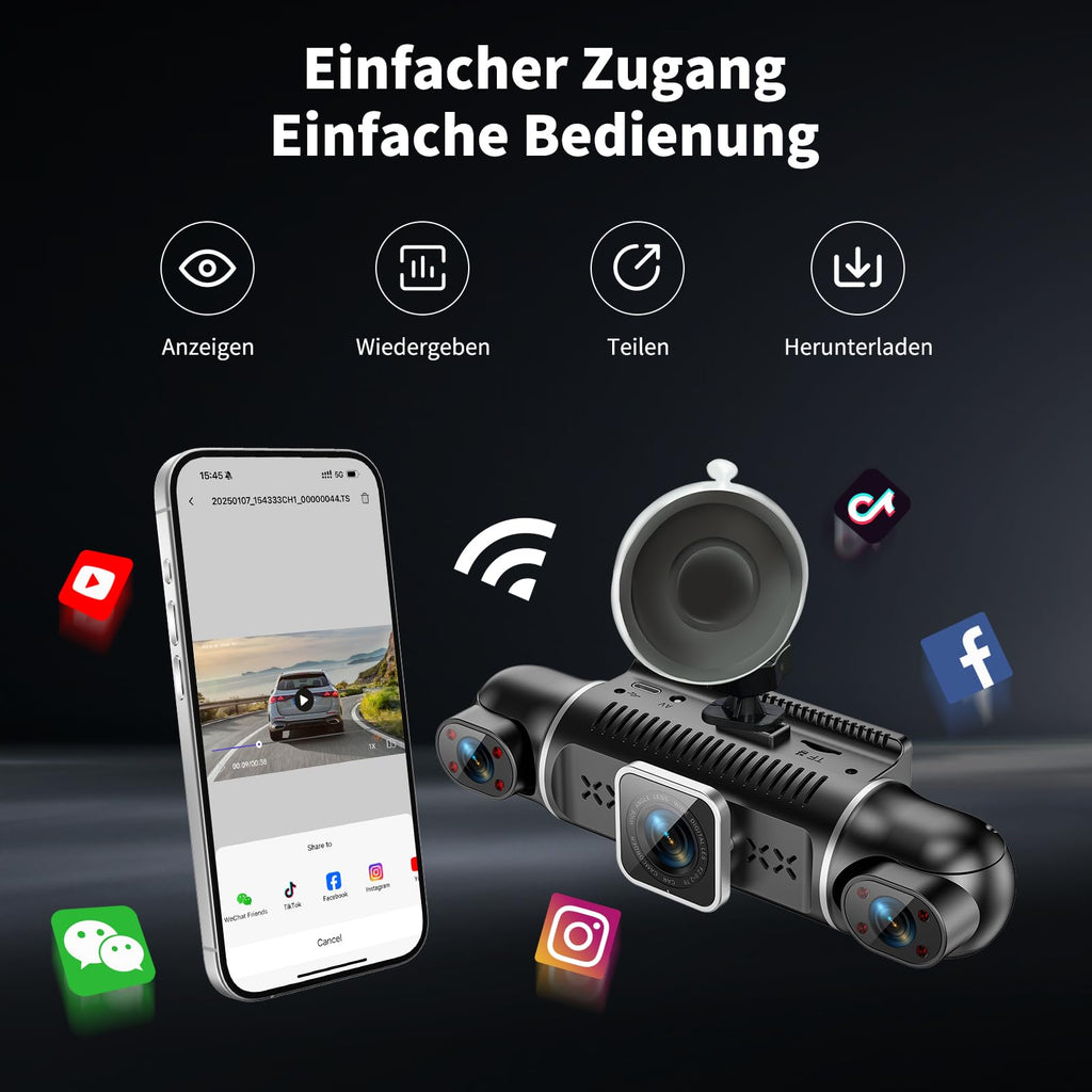 360° Dashcam Auto Vorne Hinten 2K/1080P, 4 Kanal Dash Cam Auto Kamera mit 64GB SD-Karte,3" IPS-Bildschirm,4X 140° Weitwinkel,WDR Nachtsicht (8 IR-LEDs),G-Sensor,24/7 Parkmodus,Loop-Aufnahme, WiFi App