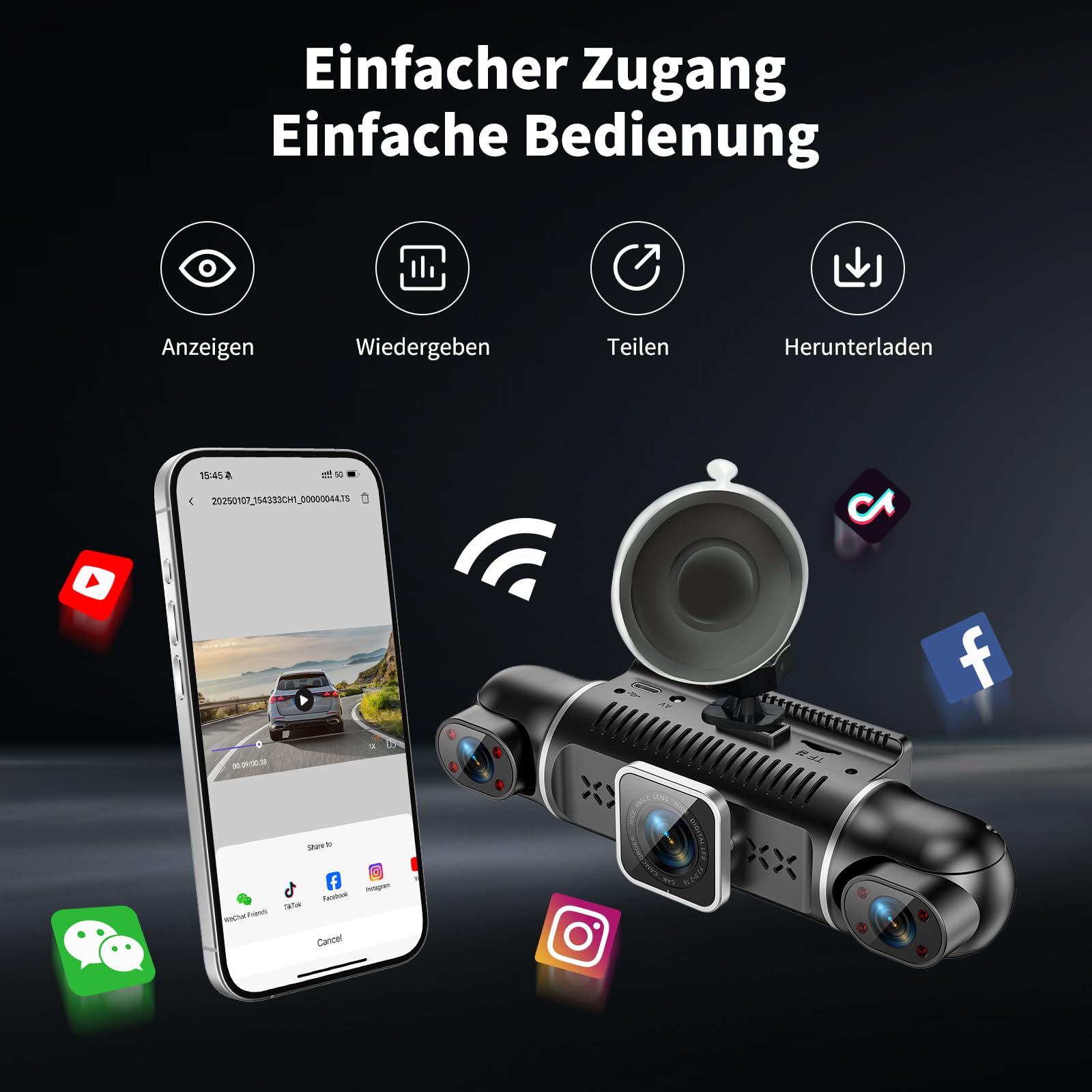 Dashcam Auto Vorne Hinten 2K/1080P,4 Kanal Auto Kamera mit 64GB SD-Karte,360°Dash Cam mit parküberwachung,3" IPS-Bildschirm,4X140° Weitwinkel,WDR Nachtsicht(8 IR-LEDs),G-Sensor,Loop-Aufnahme,WiFi App