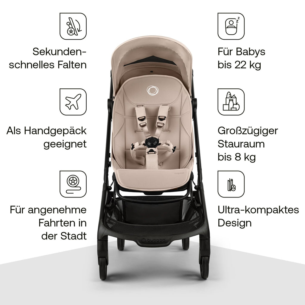 Bugaboo Butterfly 2 Reisebuggy, leicht und kompakt, Handgepäckgröße, faltbarer Reise-Kinderwagen mit Liegefunktion, einhändig faltbar, großer Untergestellkorb, ab 6 Monaten bis 4 Jahre, Desert Taupe
