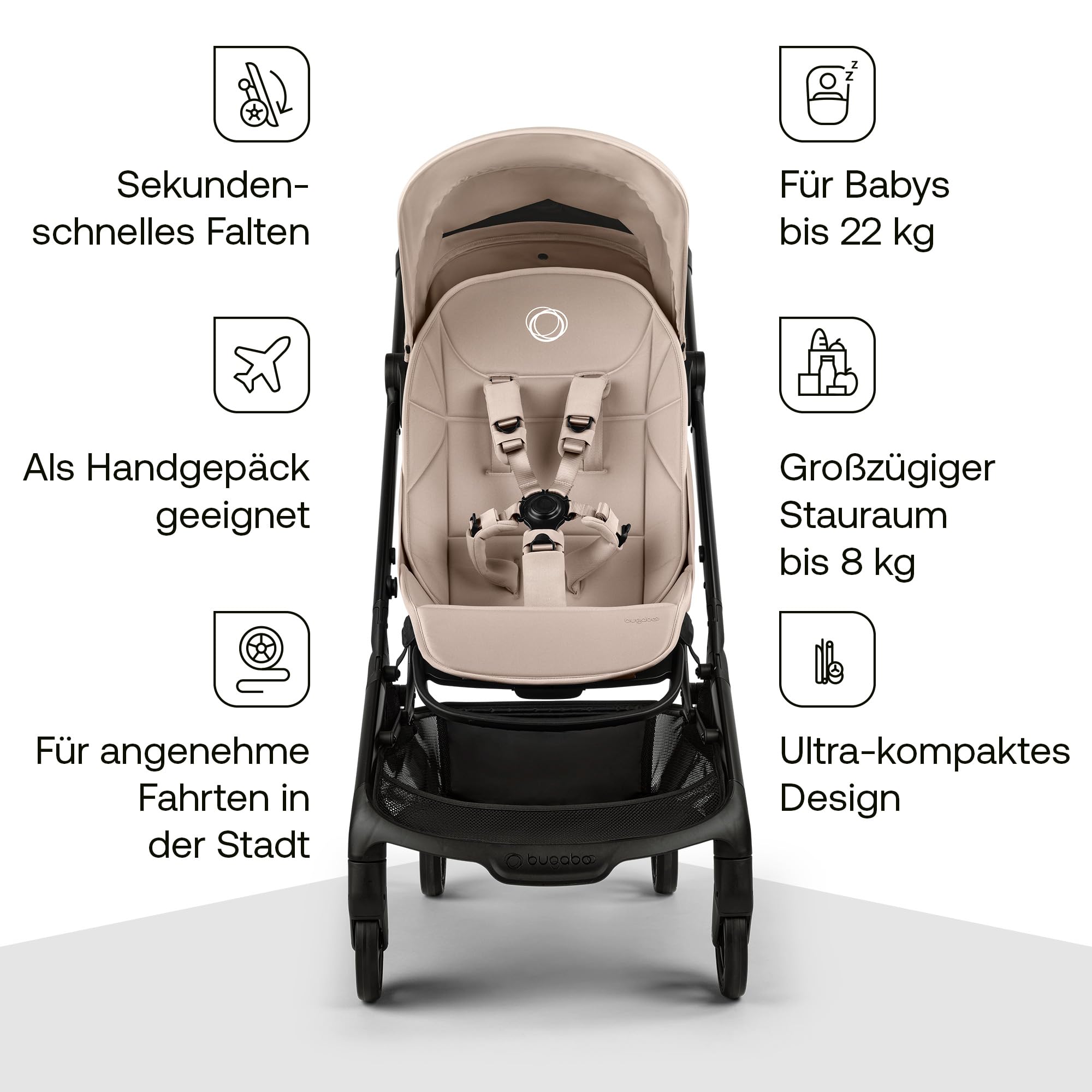 Bugaboo Butterfly 2 Reisebuggy, leicht und kompakt, Handgepäckgröße, faltbarer Reise-Kinderwagen mit Liegefunktion, einhändig faltbar, großer Untergestellkorb, ab 6 Monaten bis 4 Jahre, Desert Taupe
