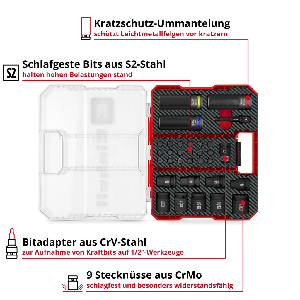 Original Einhell Impact Stecknuss-Set 32-tlg. (18x 30-mm-Kraftbits, 9x 40-mm-Stecknüsse, 3x 80-mm-Stecknüsse, S2- und CrMo-Stahl, Kunststoffhülse, KFZ-Bereich)