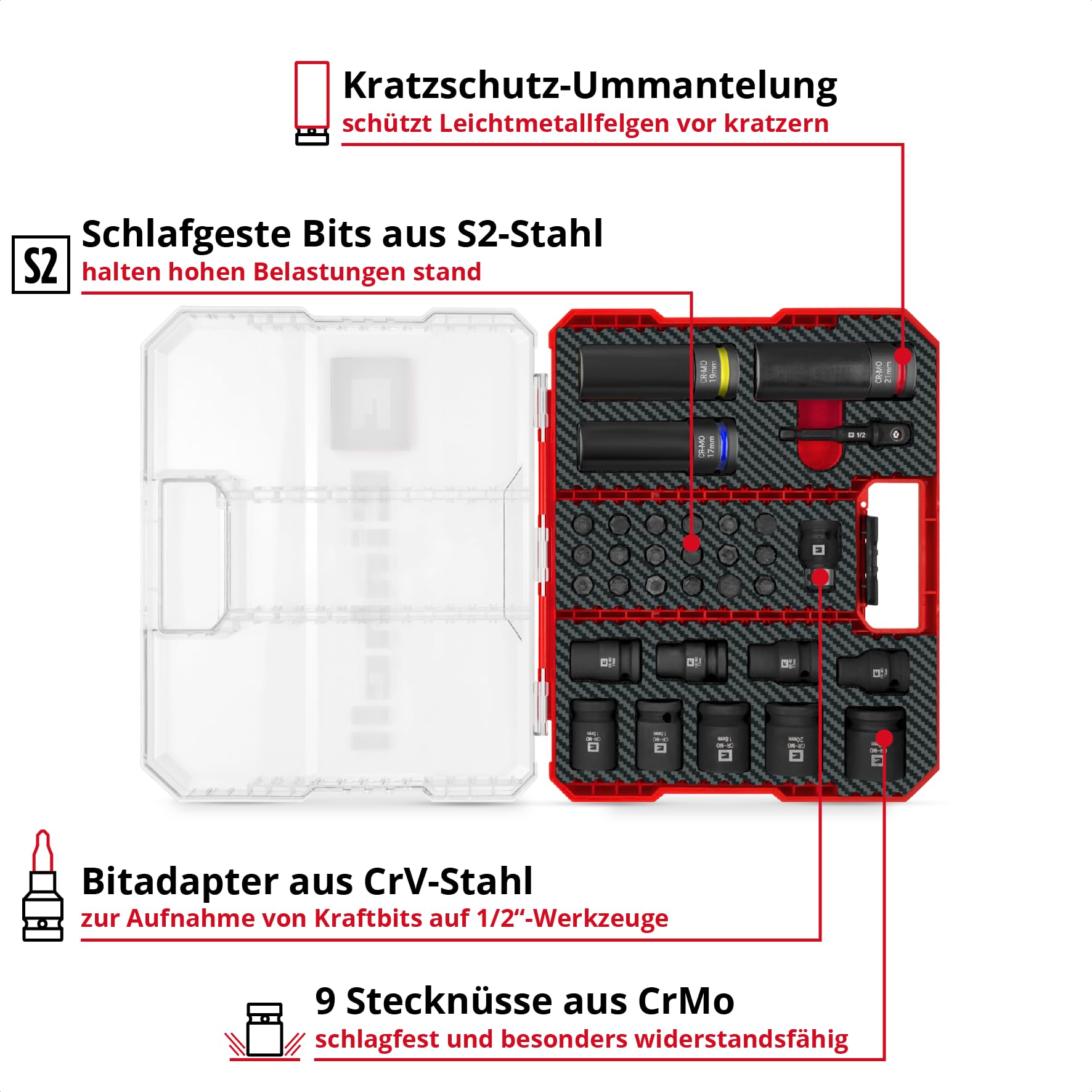 Original Einhell Impact Stecknuss-Set 32-tlg. (18x 30-mm-Kraftbits, 9x 40-mm-Stecknüsse, 3x 80-mm-Stecknüsse, S2- und CrMo-Stahl, Kunststoffhülse, KFZ-Bereich)