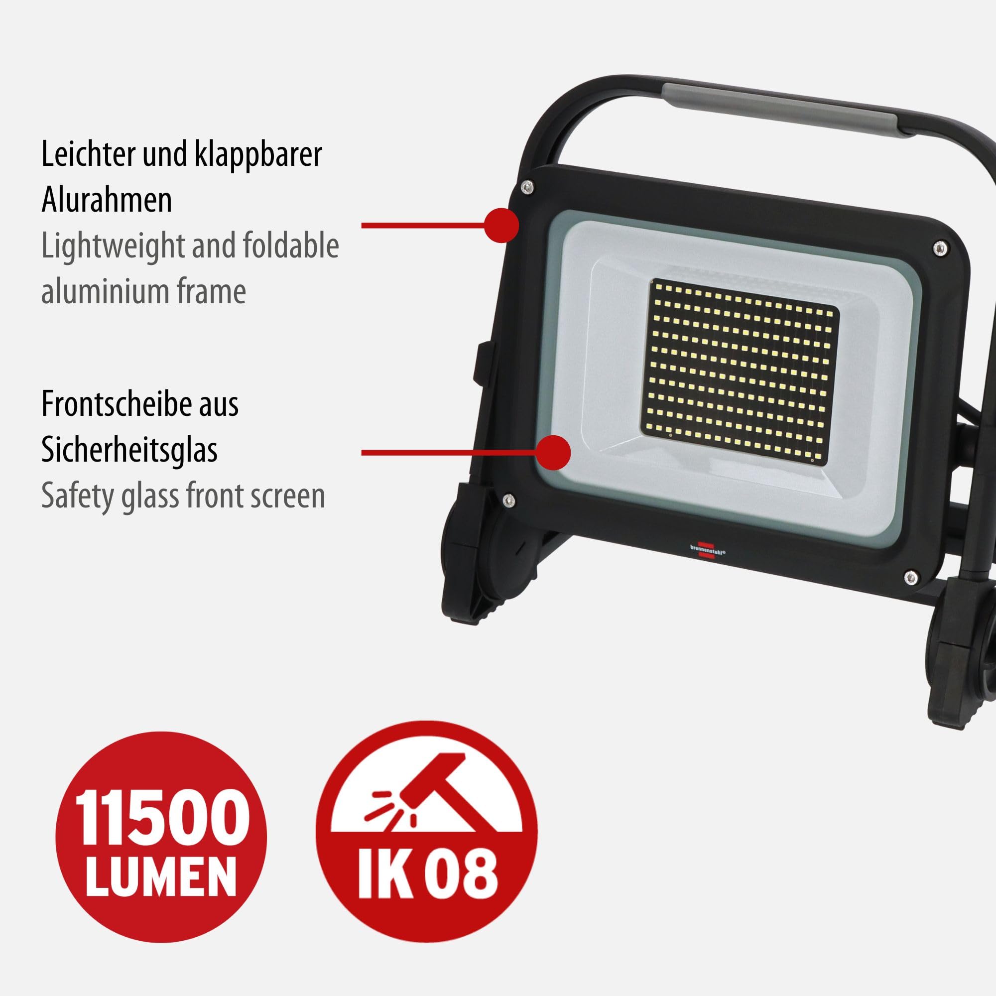 Brennenstuhl LED Baustrahler JARO 14060 M (100W, 11500lm, 6500K, IP65, 5m Kabel, dimmbar, LED Arbeitsstrahler mit Schnellspannverschluss)