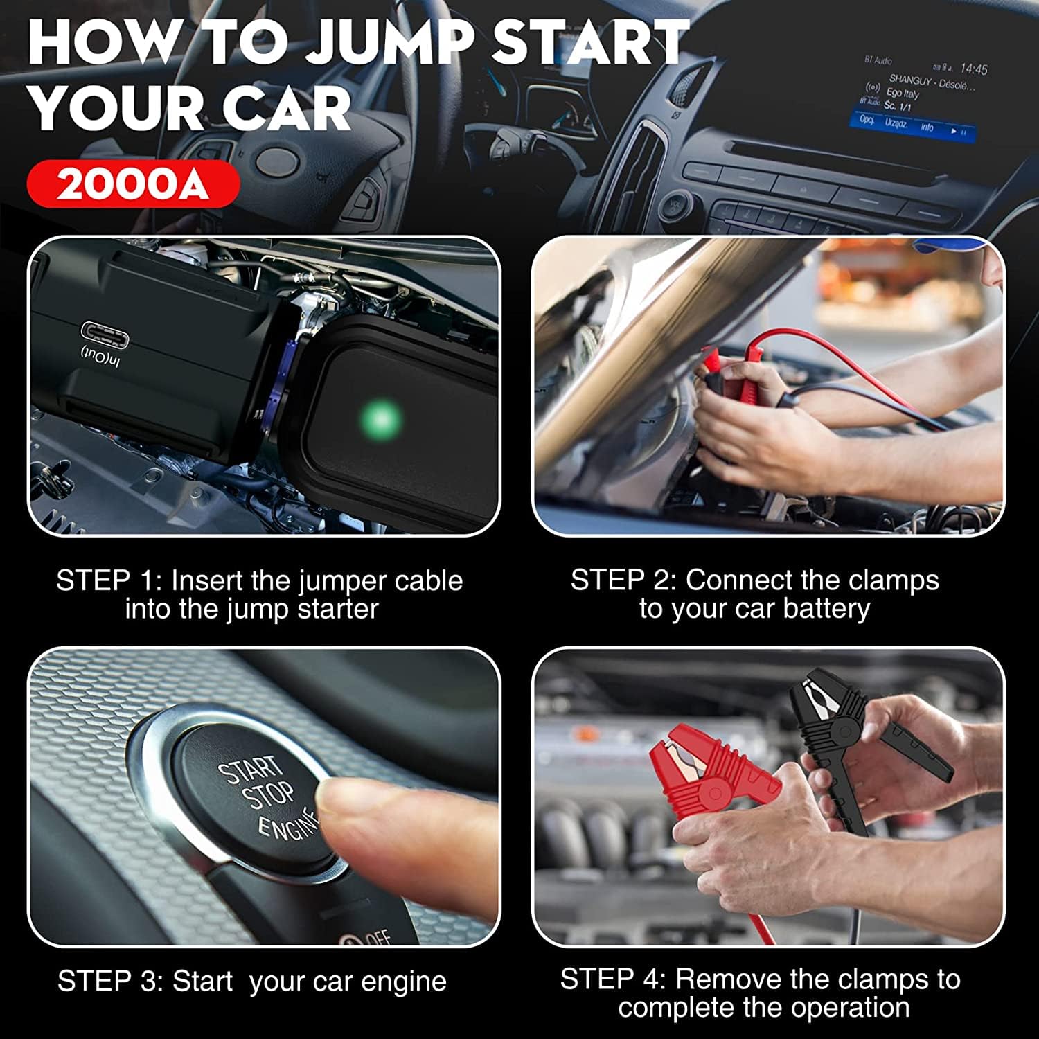NEXPOW Starthilfe Powerbank, 2000A Spitzenstrom Auto Starthilfe, 12V Tragbarer Batterie Booster mit USB-Schnellladung 3.0 (bis zu 7,0L Benzin oder 6,5L Diesel) Safe Batteriestarter LED-Licht (schwarz)