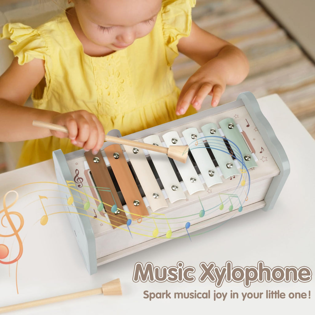DINORUN Montessori Spielzeug ab 1 Jahr, Hammerspiel Holzspielzeug Motorikspielzeug, Xylophon Kinder 1 Jahr, Geschenk Kinderspielzeug ab 1 2 3 4 Jahre Mädchen Junge