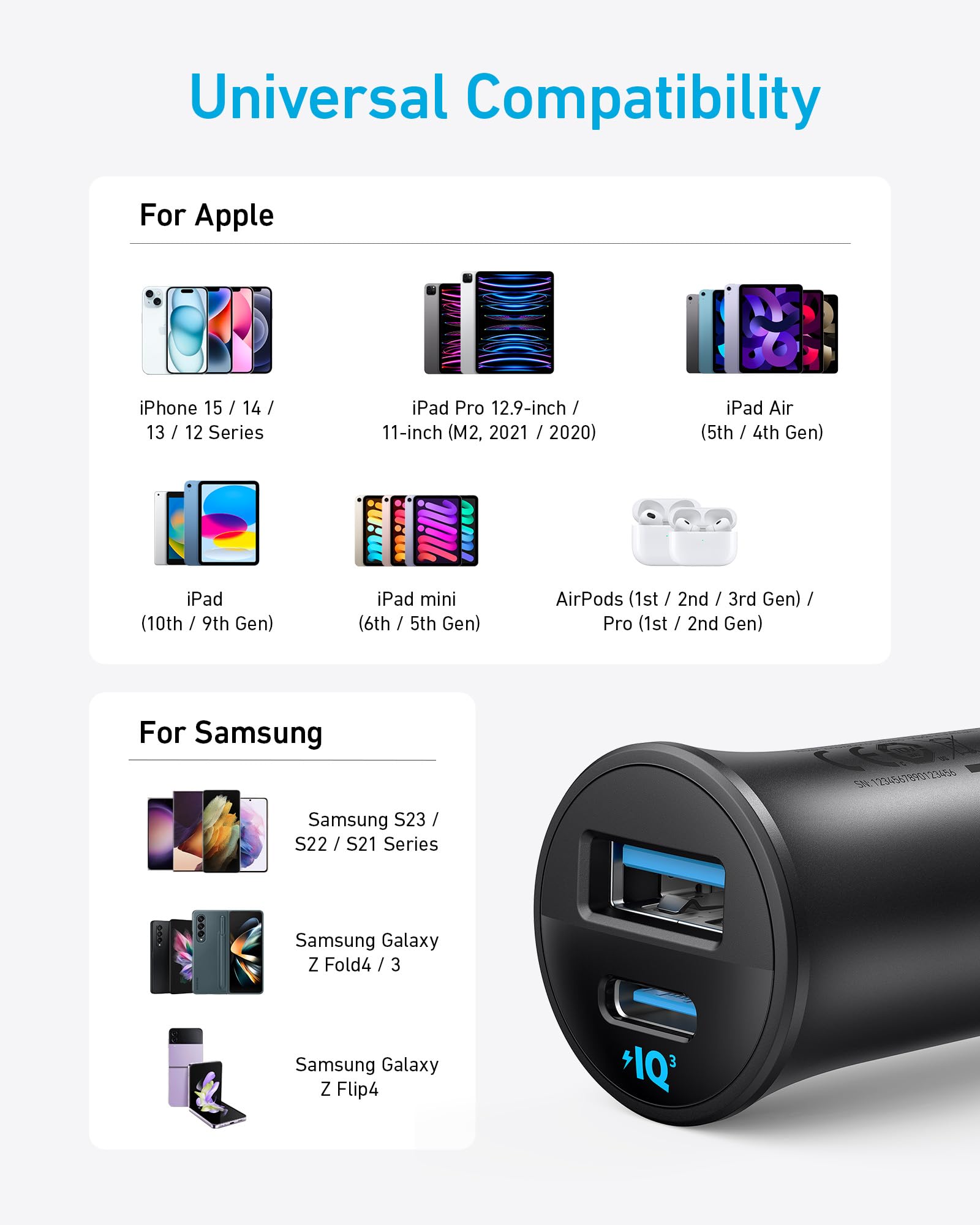 Anker USB-C Kfz-Ladegerät, 30W 2-Port Typ-C Kfz-Netzteil, Kfz-Ladegerät für iPhone mit PowerIQ 3.0, Für iPhone 17/16/15/14/13/12 Serie, Samsung Galaxy S23/S22/S21 Serie, iPad Pro, AirPods und mehr