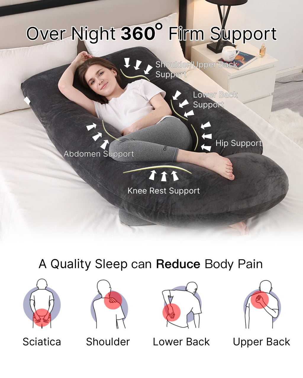 ALLOPERA Pregnancy Pillow, Full Body 57 Inch Maternity Pillow with Removable Washable Cover - Sleep Support for Legs, Back, Neck, Shoulder, HIPS, Belly for Pregnent Women, Velvet Cover (Black)