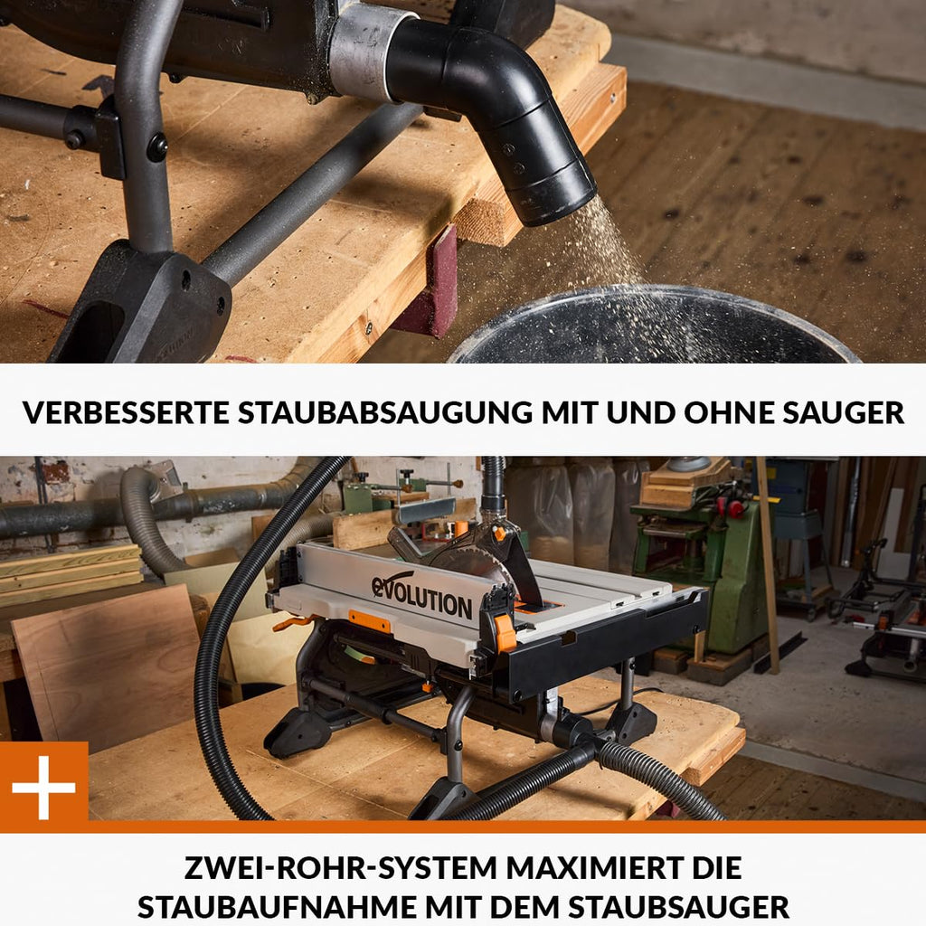 Evolution Power Tools R255TBL+ tischkreissäge, Tischsäge Tragbares Multi-Material-Sägeblatt im Lieferumfang enthalten Schneidet Holz Metall Kunststoff, 45˚ Fase, +/- 60˚ Gehrungswinkel, 1800w Motor